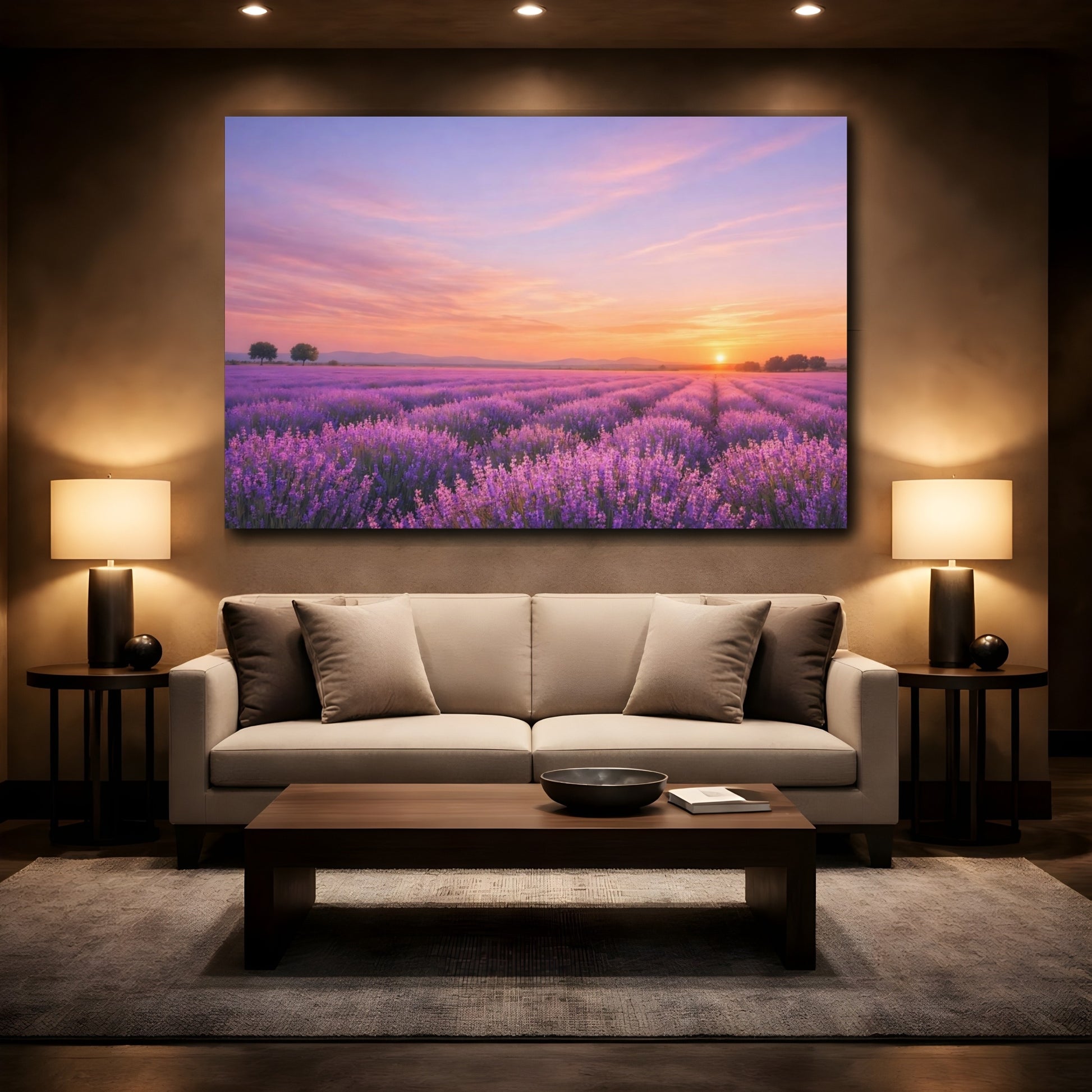 Mockup 2. Nature Lavender Field Purple Lavender Sunset shown as stretched canvas wall art