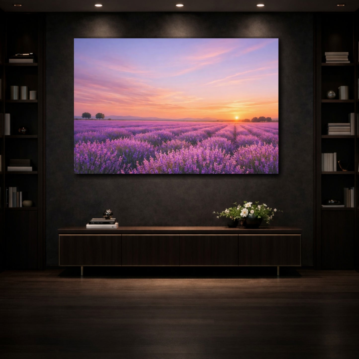 Mockup 3. Nature Lavender Field Purple Lavender Sunset shown as stretched canvas wall art