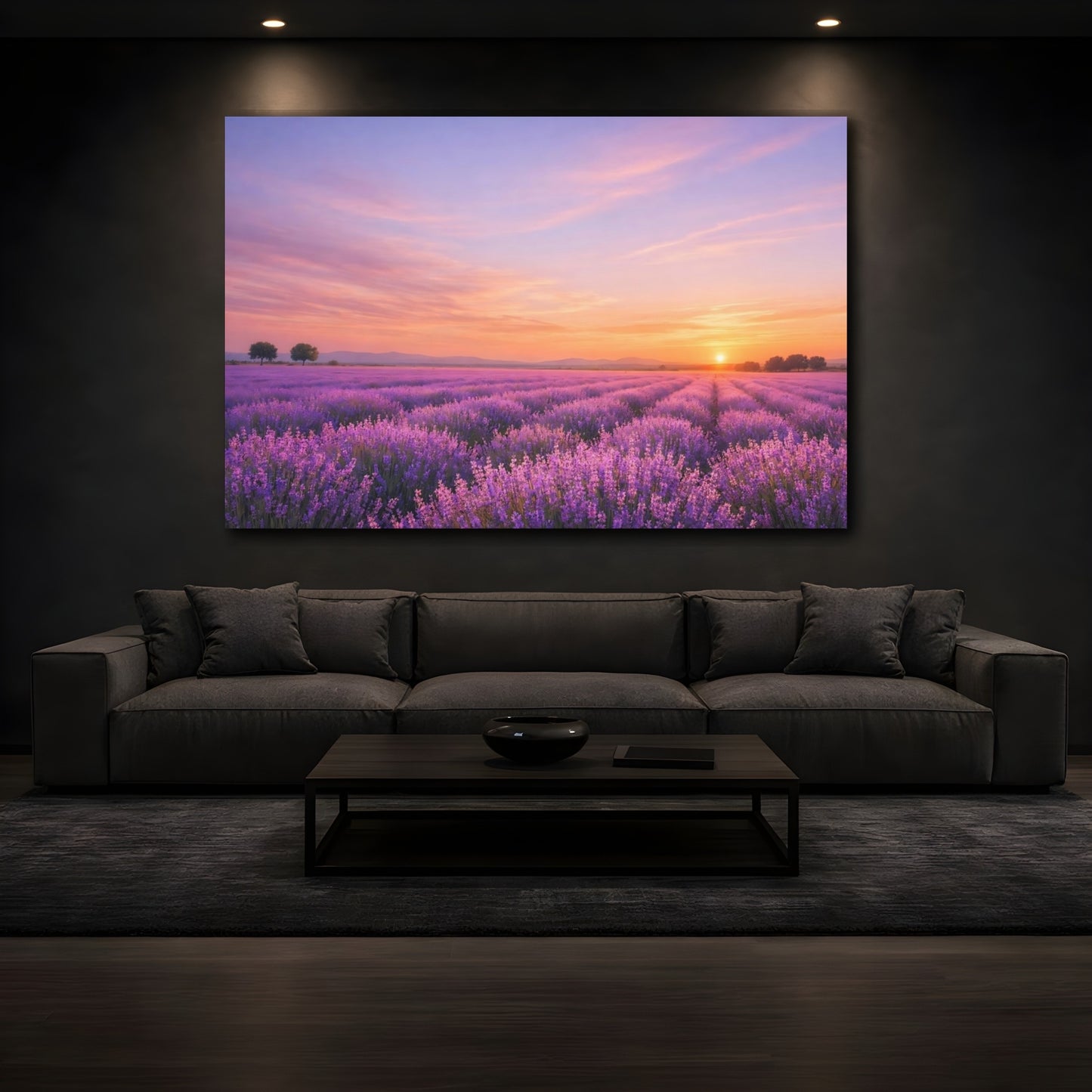 Mockup 4. Nature Lavender Field Purple Lavender Sunset shown as stretched canvas wall art