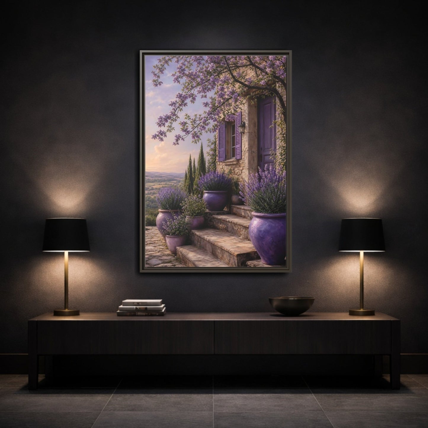 Nature Lavender House Purple Framed Canvas Print Wall Art – Mediterranean Living Room, Above Fireplace - YesArtYes