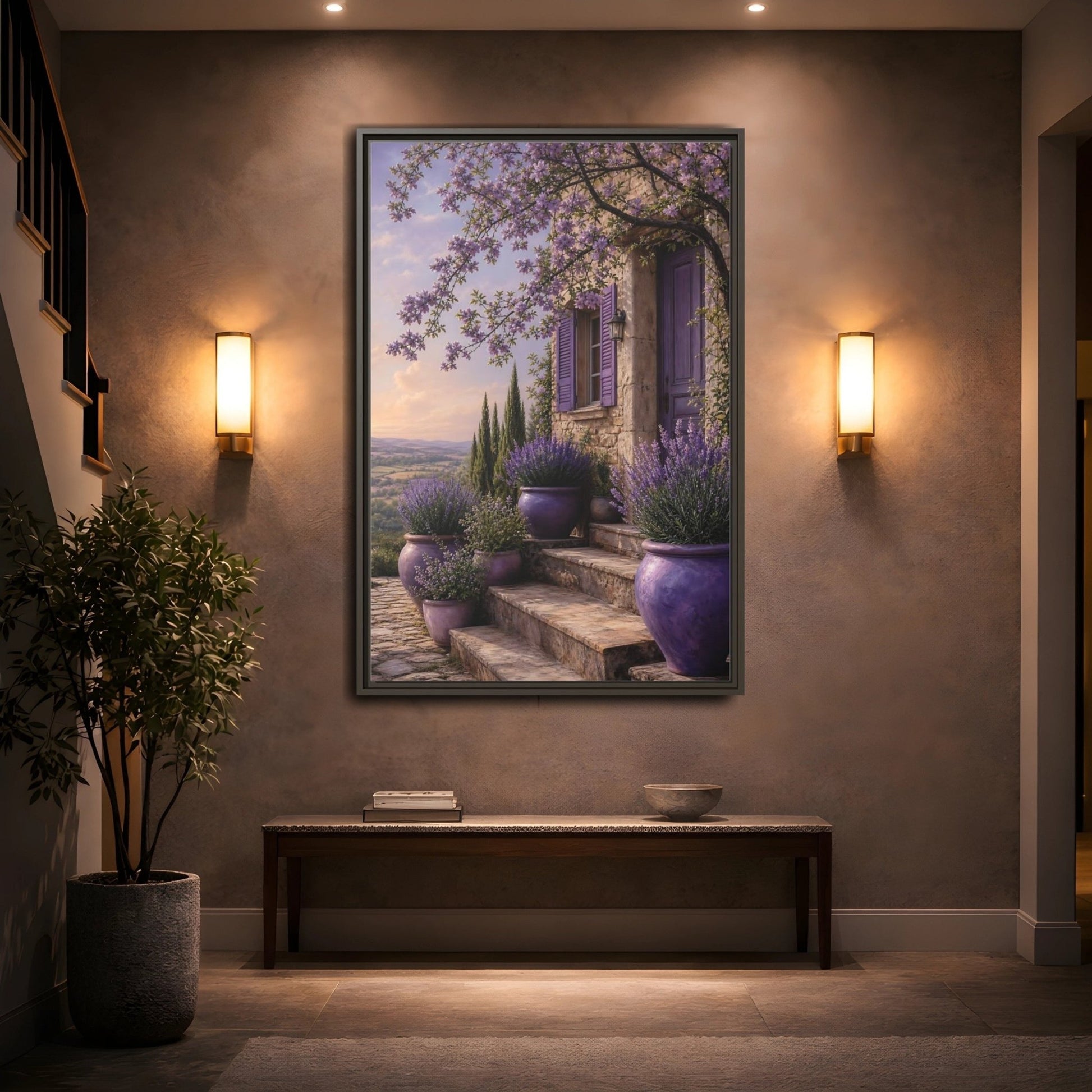 Nature Lavender House Purple Framed Canvas Print Wall Art – Mediterranean Living Room, Above Fireplace - YesArtYes