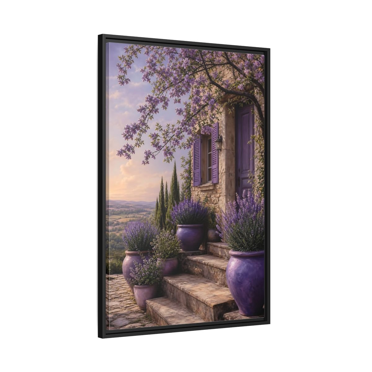 Nature Lavender House Purple Framed Canvas Print Wall Art – Mediterranean Living Room, Above Fireplace - YesArtYes