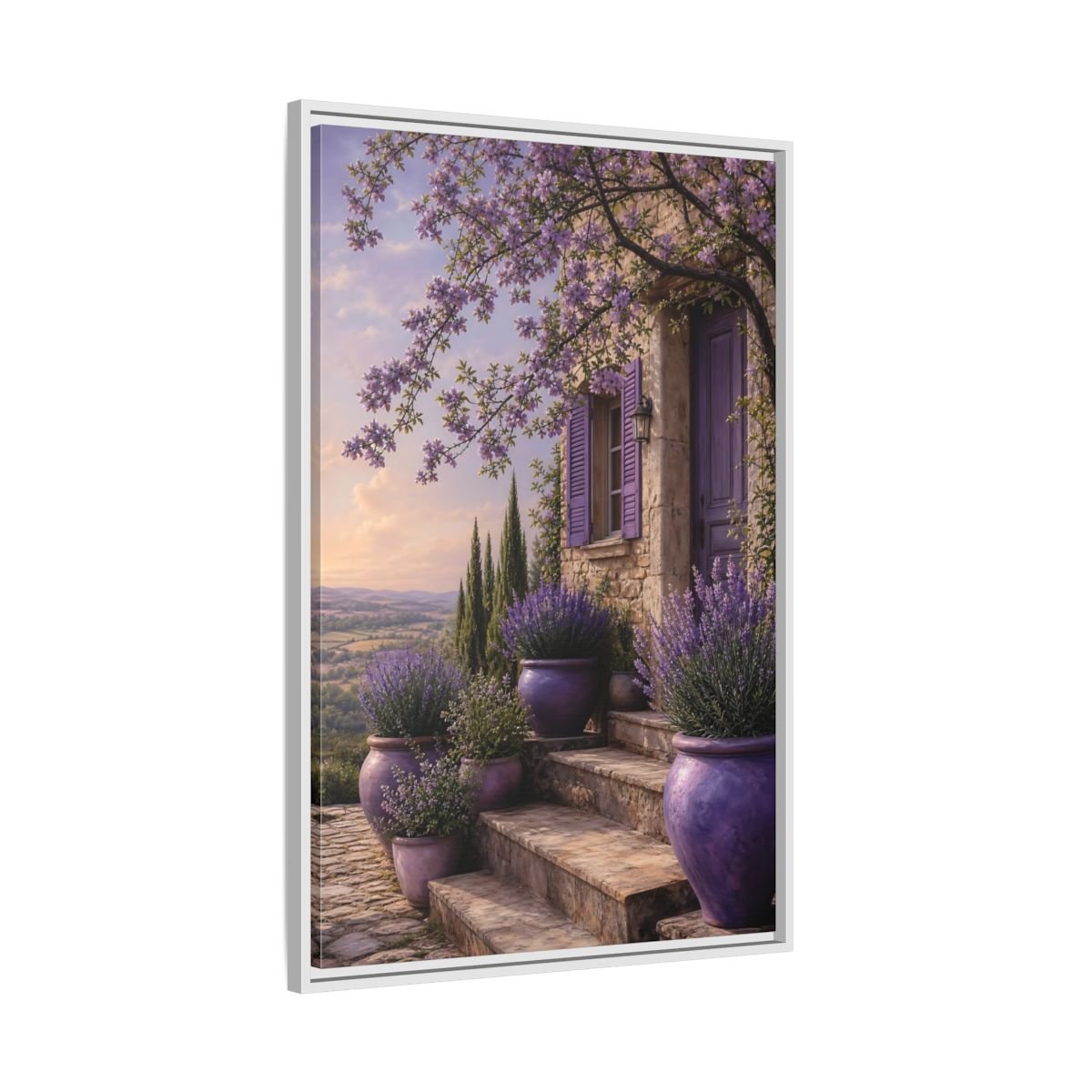 Nature Lavender House Purple Framed Canvas Print Wall Art – Mediterranean Living Room, Above Fireplace - YesArtYes