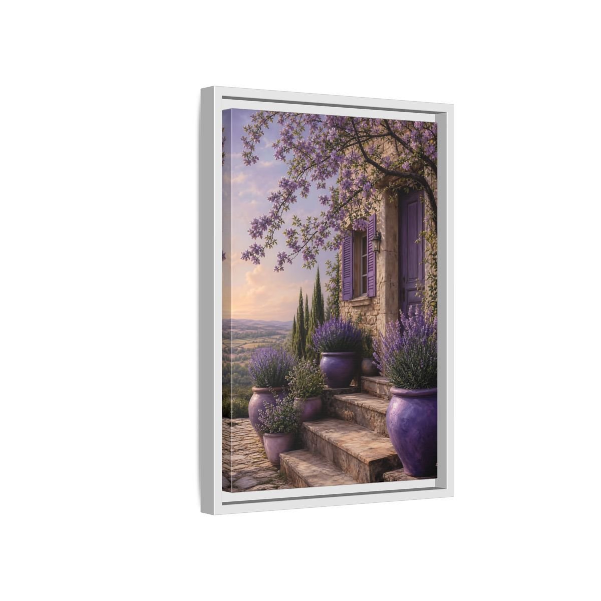 Nature Lavender House Purple Framed Canvas Print Wall Art – Mediterranean Living Room, Above Fireplace - YesArtYes