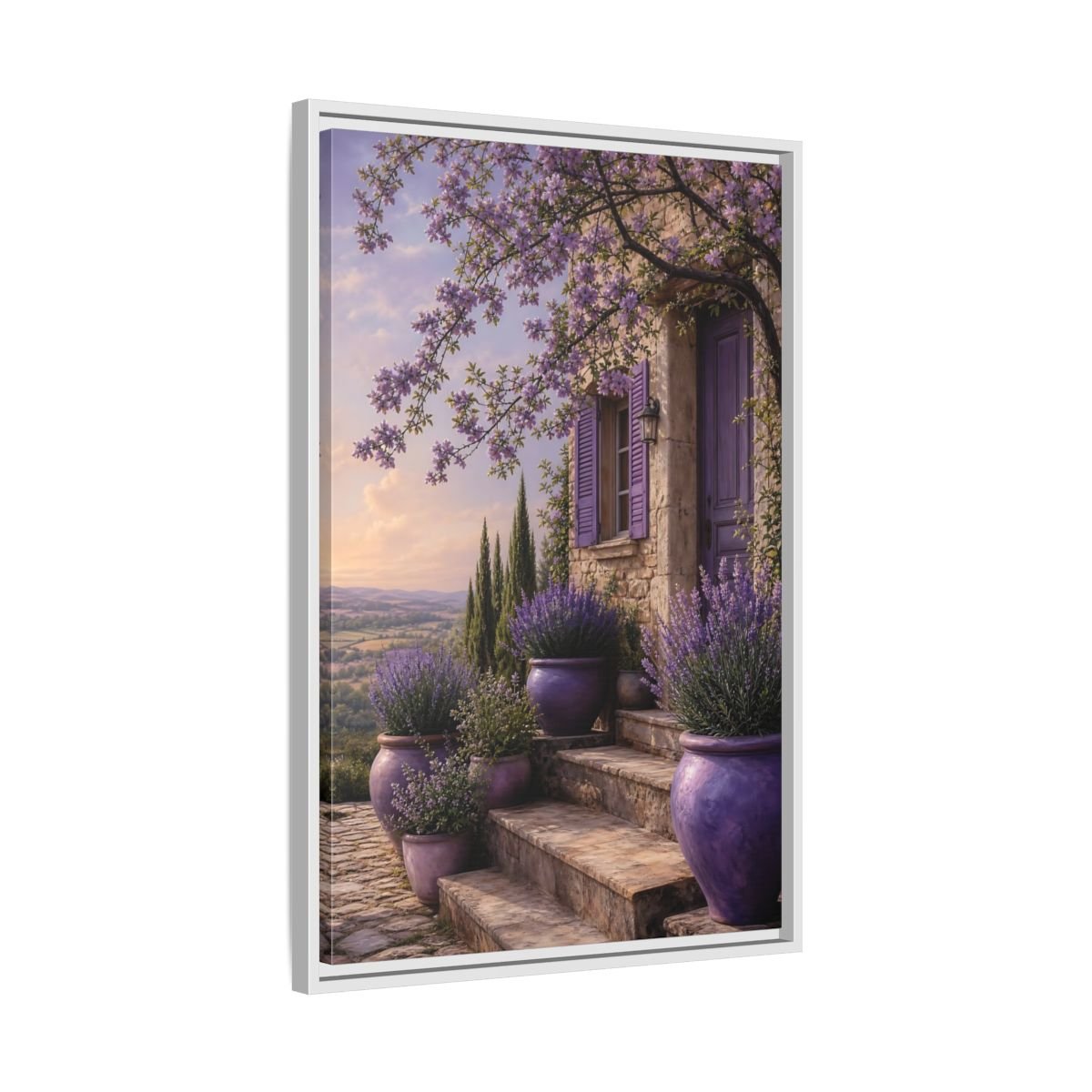 Nature Lavender House Purple Framed Canvas Print Wall Art – Mediterranean Living Room, Above Fireplace - YesArtYes