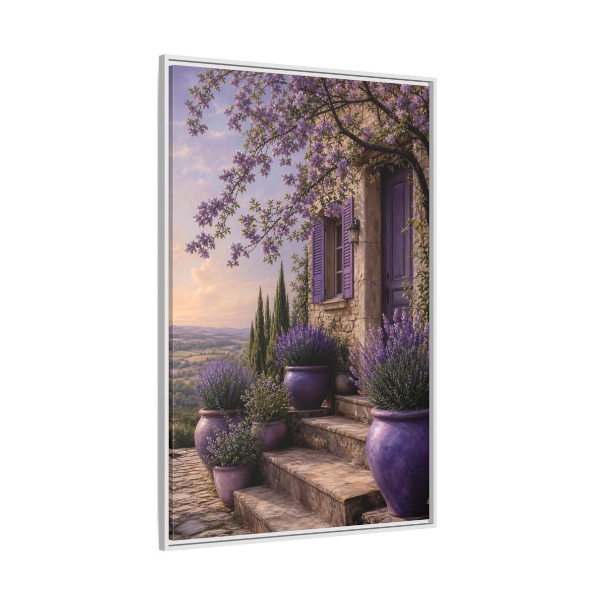 Nature Lavender House Purple Framed Canvas Print Wall Art – Mediterranean Living Room, Above Fireplace - YesArtYes