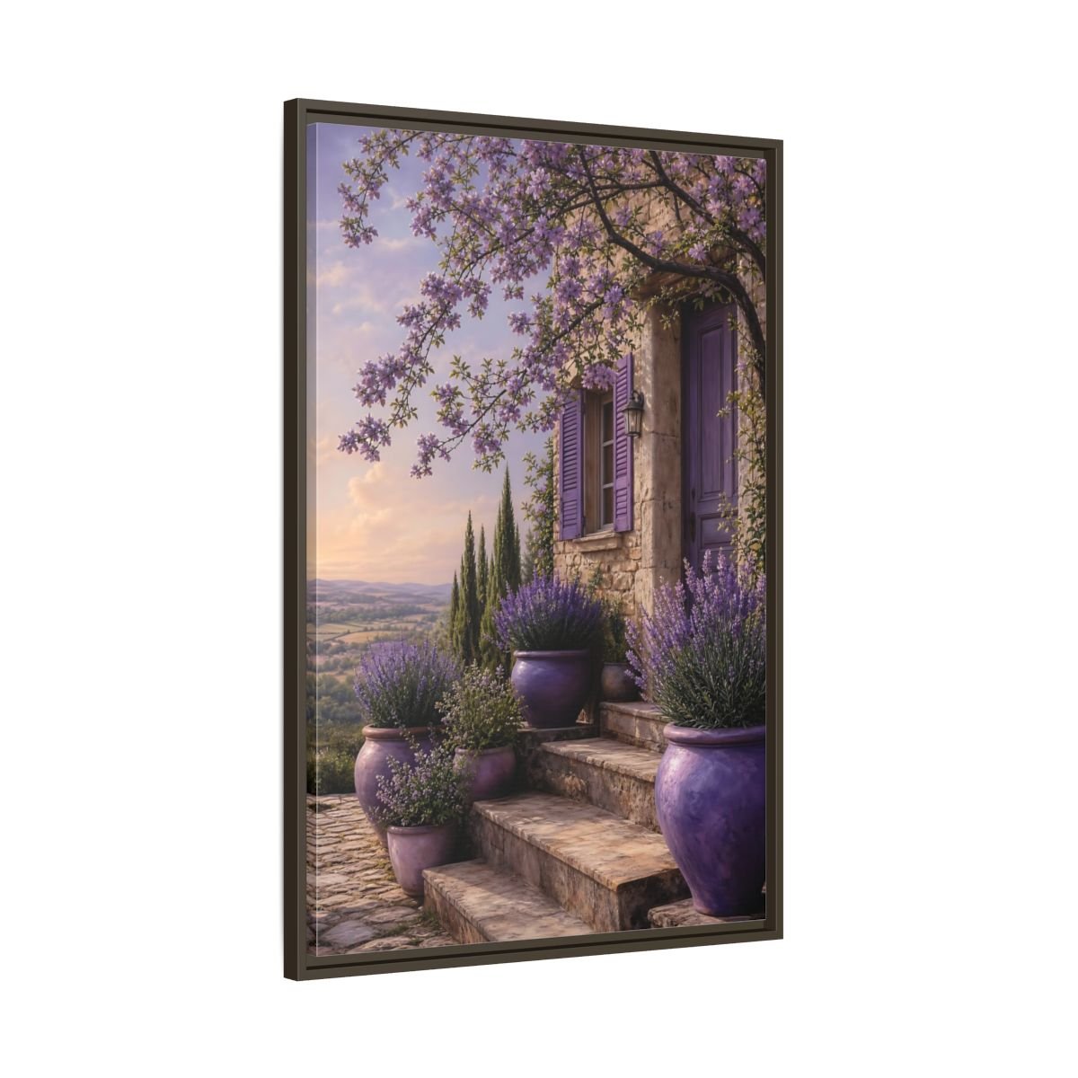 Nature Lavender House Purple Framed Canvas Print Wall Art – Mediterranean Living Room, Above Fireplace - YesArtYes