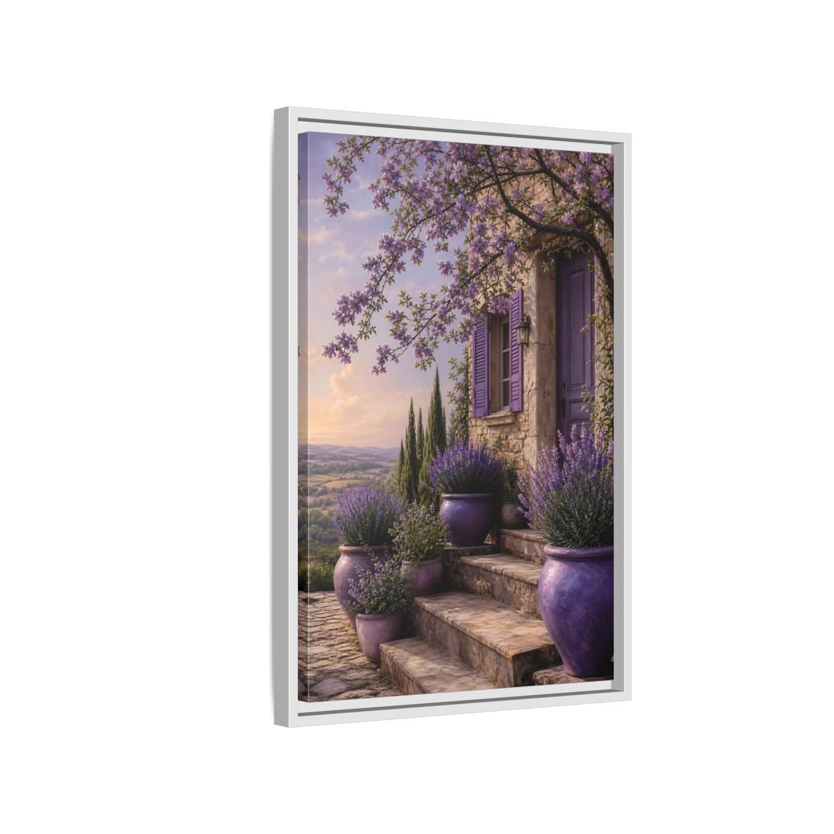 Nature Lavender House Purple Framed Canvas Print Wall Art – Mediterranean Living Room, Above Fireplace - YesArtYes