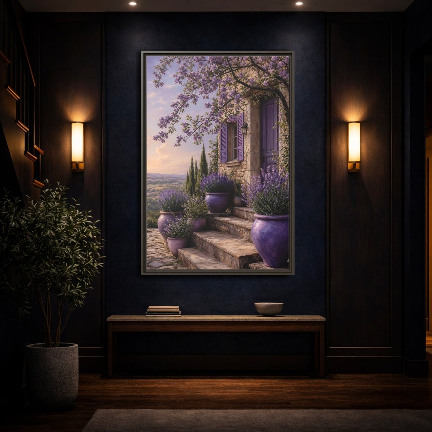 Nature Lavender House Purple Framed Canvas Print Wall Art – Mediterranean Living Room, Above Fireplace - YesArtYes