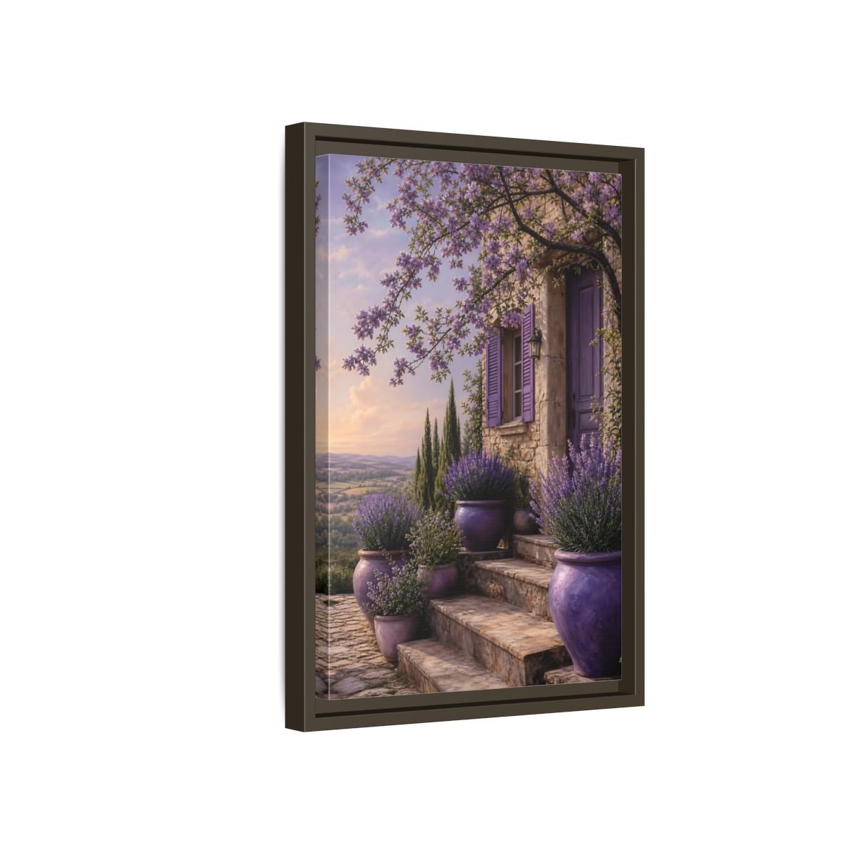 Nature Lavender House Purple Framed Canvas Print Wall Art – Mediterranean Living Room, Above Fireplace - YesArtYes