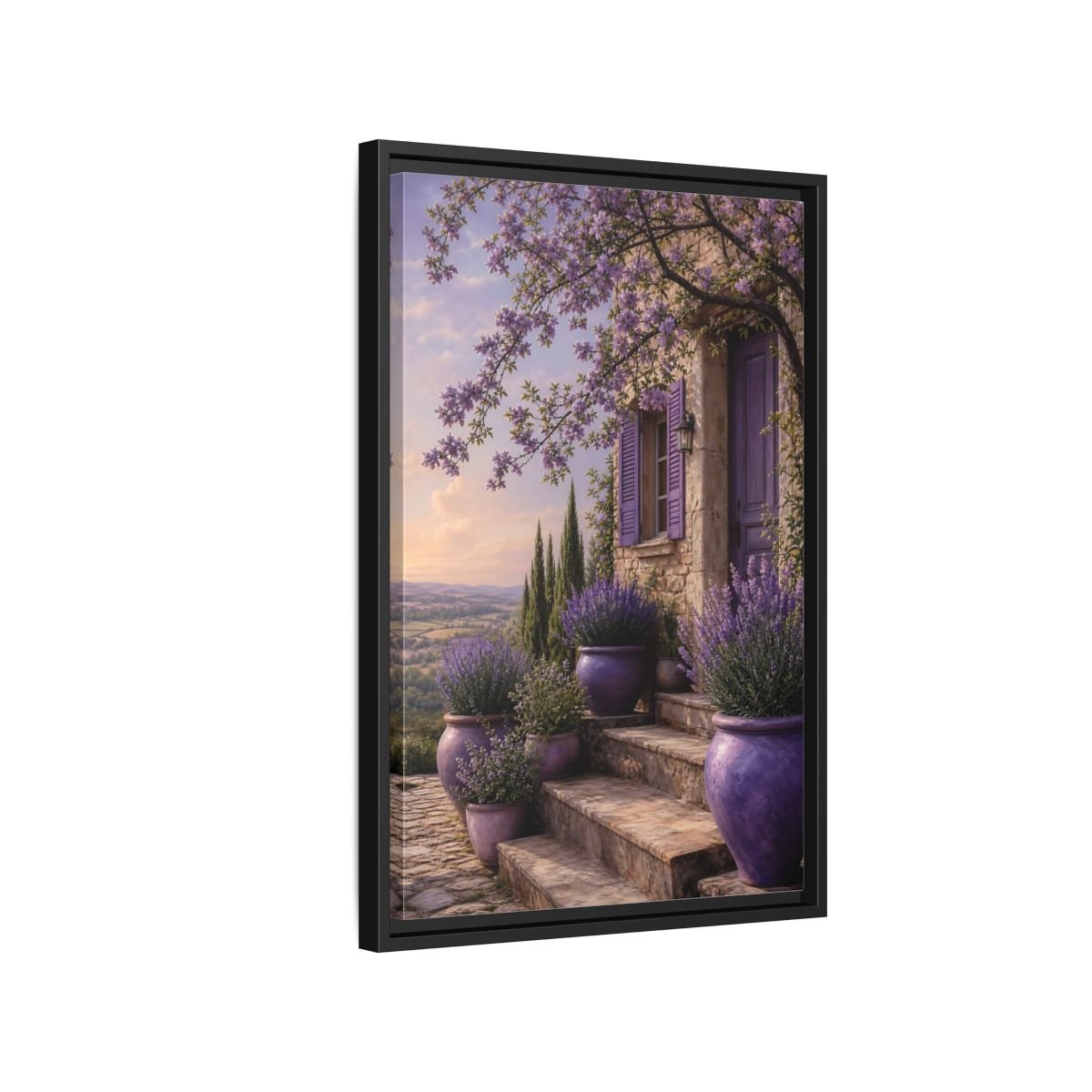 Nature Lavender House Purple Framed Canvas Print Wall Art – Mediterranean Living Room, Above Fireplace - YesArtYes