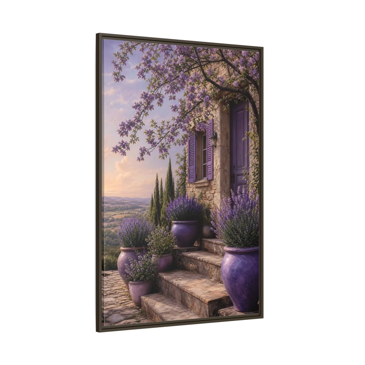 Nature Lavender House Purple Framed Canvas Print Wall Art – Mediterranean Living Room, Above Fireplace - YesArtYes
