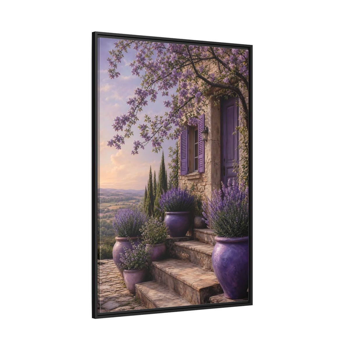Nature Lavender House Purple Framed Canvas Print Wall Art – Mediterranean Living Room, Above Fireplace - YesArtYes
