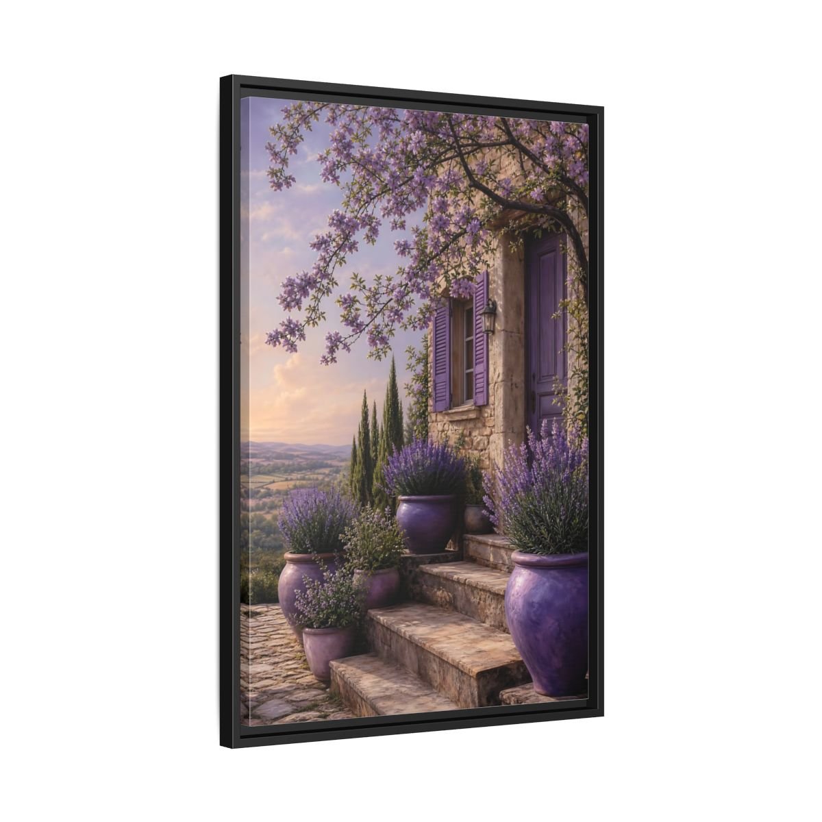Nature Lavender House Purple Framed Canvas Print Wall Art – Mediterranean Living Room, Above Fireplace - YesArtYes
