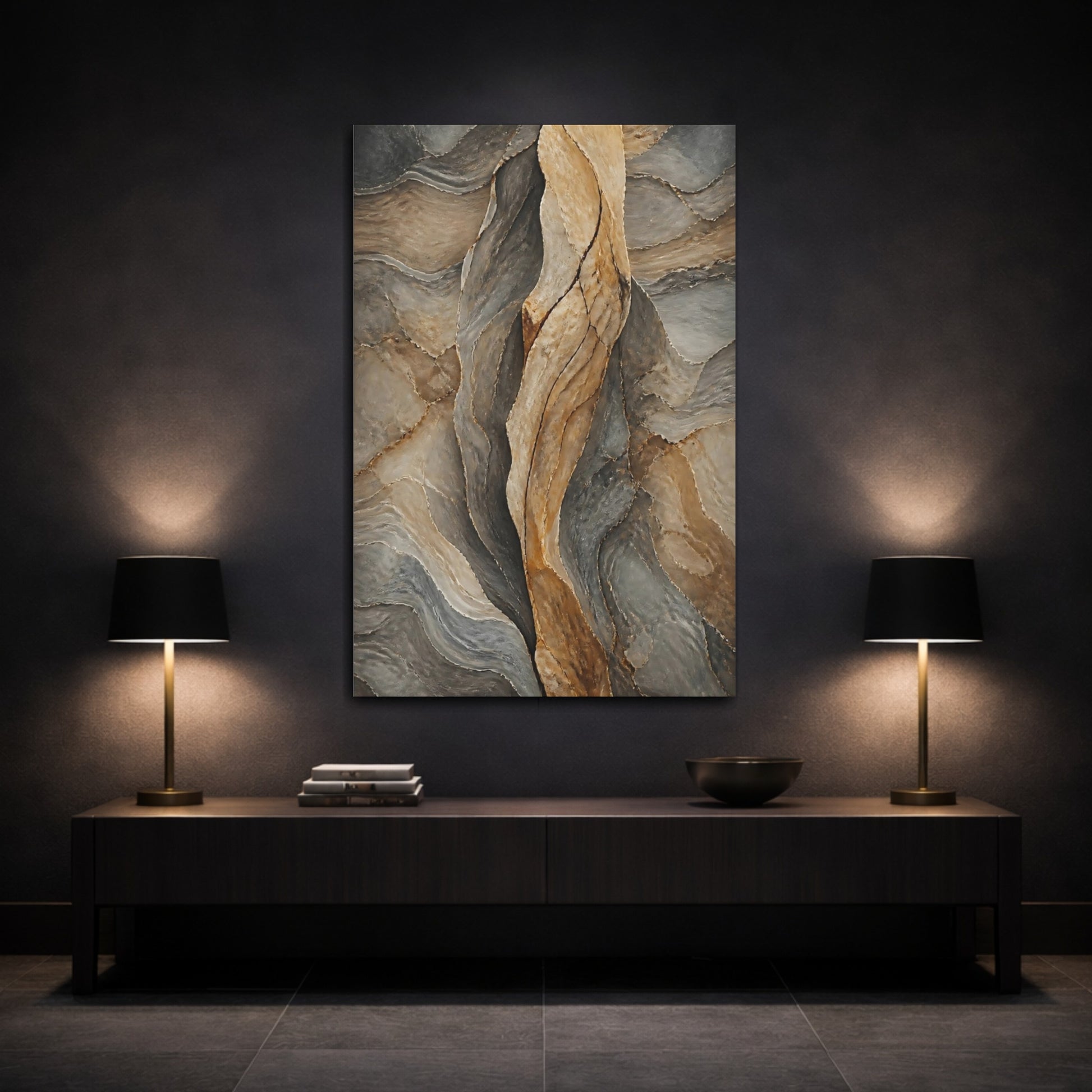 Mockup 3. Nature Layered Rock Brown And Grey shown as stretched canvas wall art