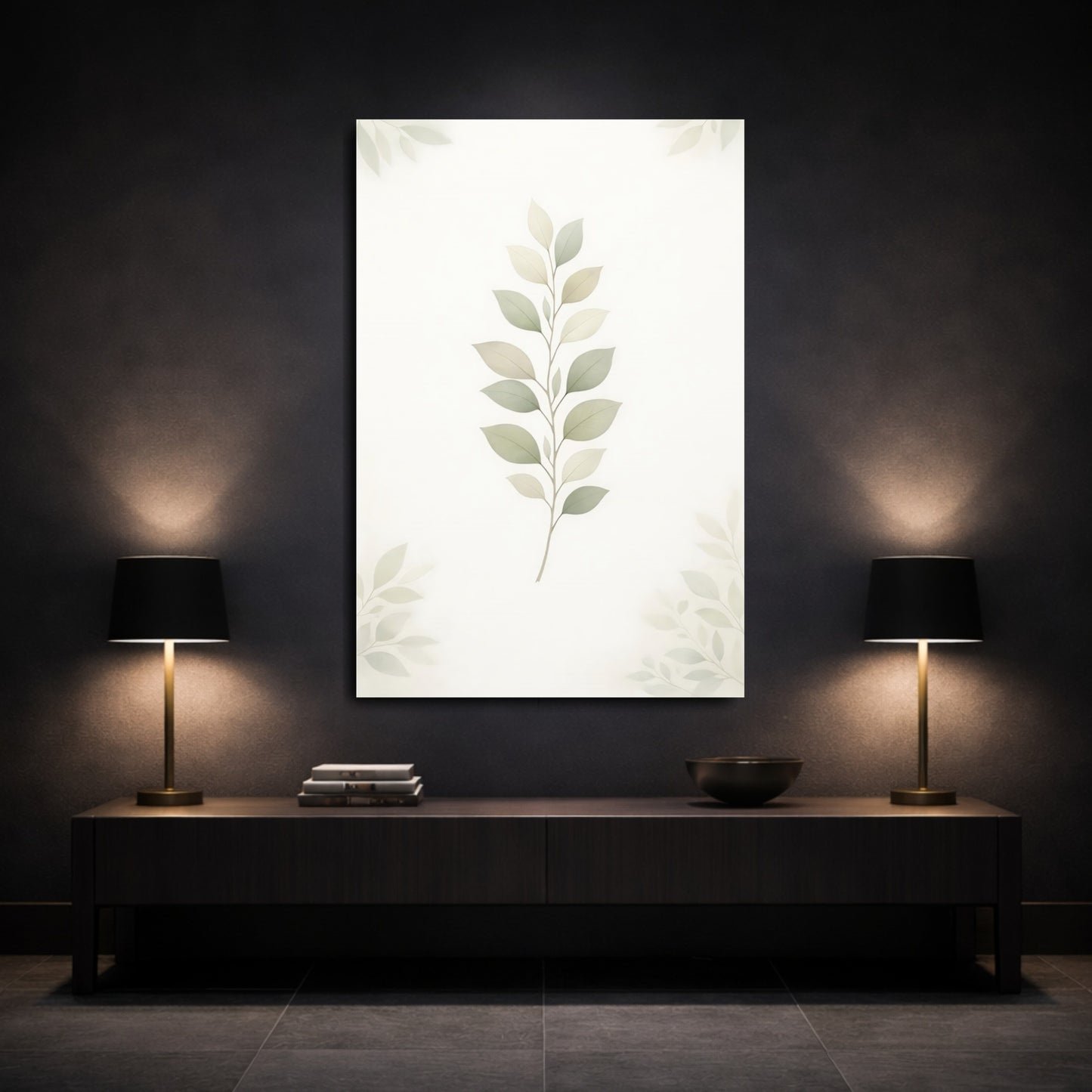Mockup 2. Nature Leaf Branch Pastel Green Leaves shown as stretched canvas wall art