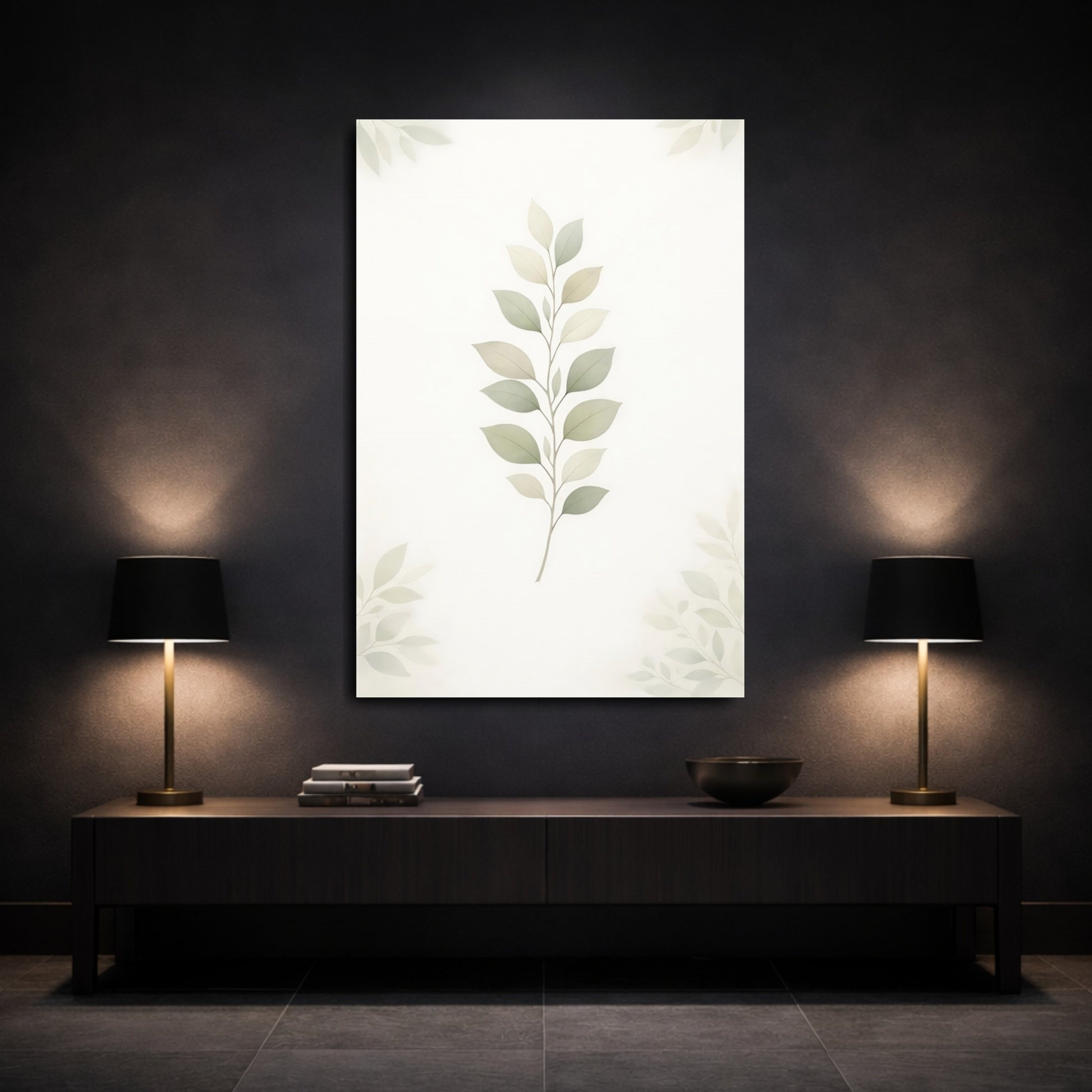 Mockup 2. Nature Leaf Branch Pastel Green Leaves shown as stretched canvas wall art
