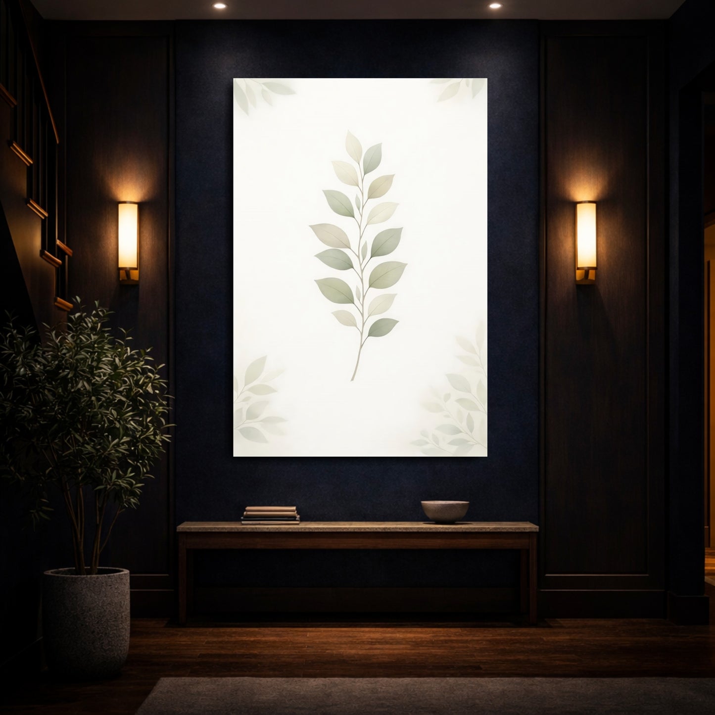Mockup 3. Nature Leaf Branch Pastel Green Leaves shown as stretched canvas wall art