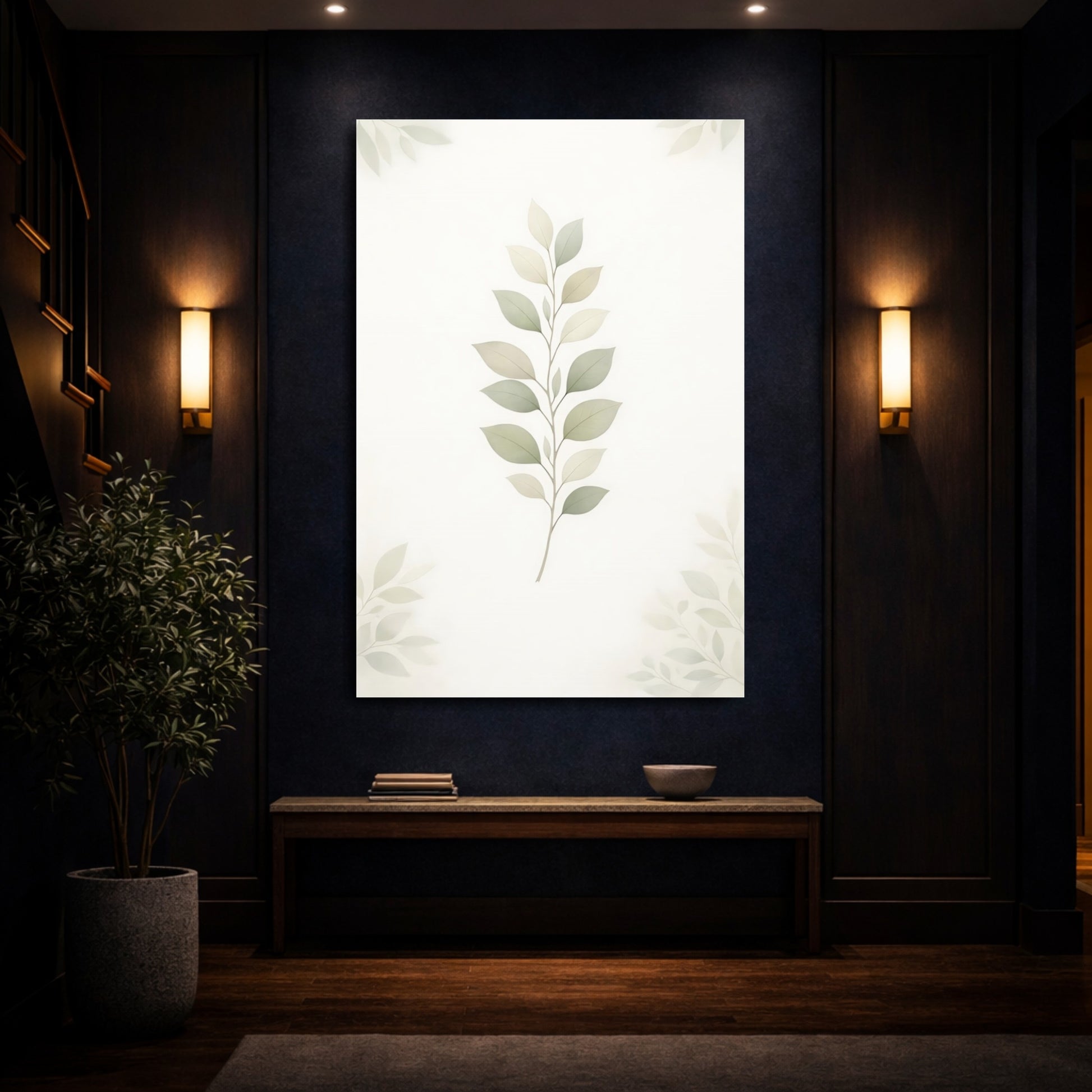 Mockup 3. Nature Leaf Branch Pastel Green Leaves shown as stretched canvas wall art