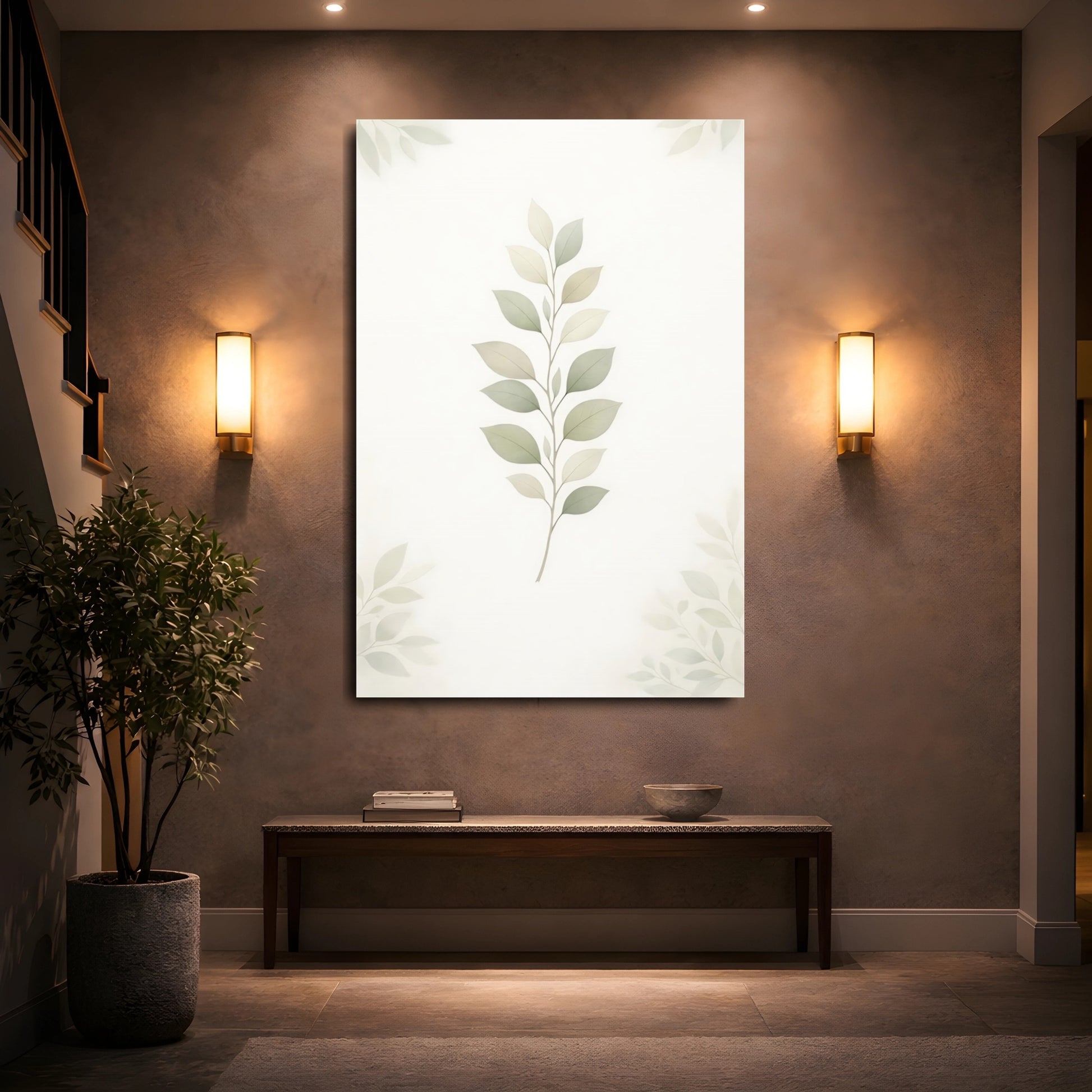 Mockup 4. Nature Leaf Branch Pastel Green Leaves shown as stretched canvas wall art