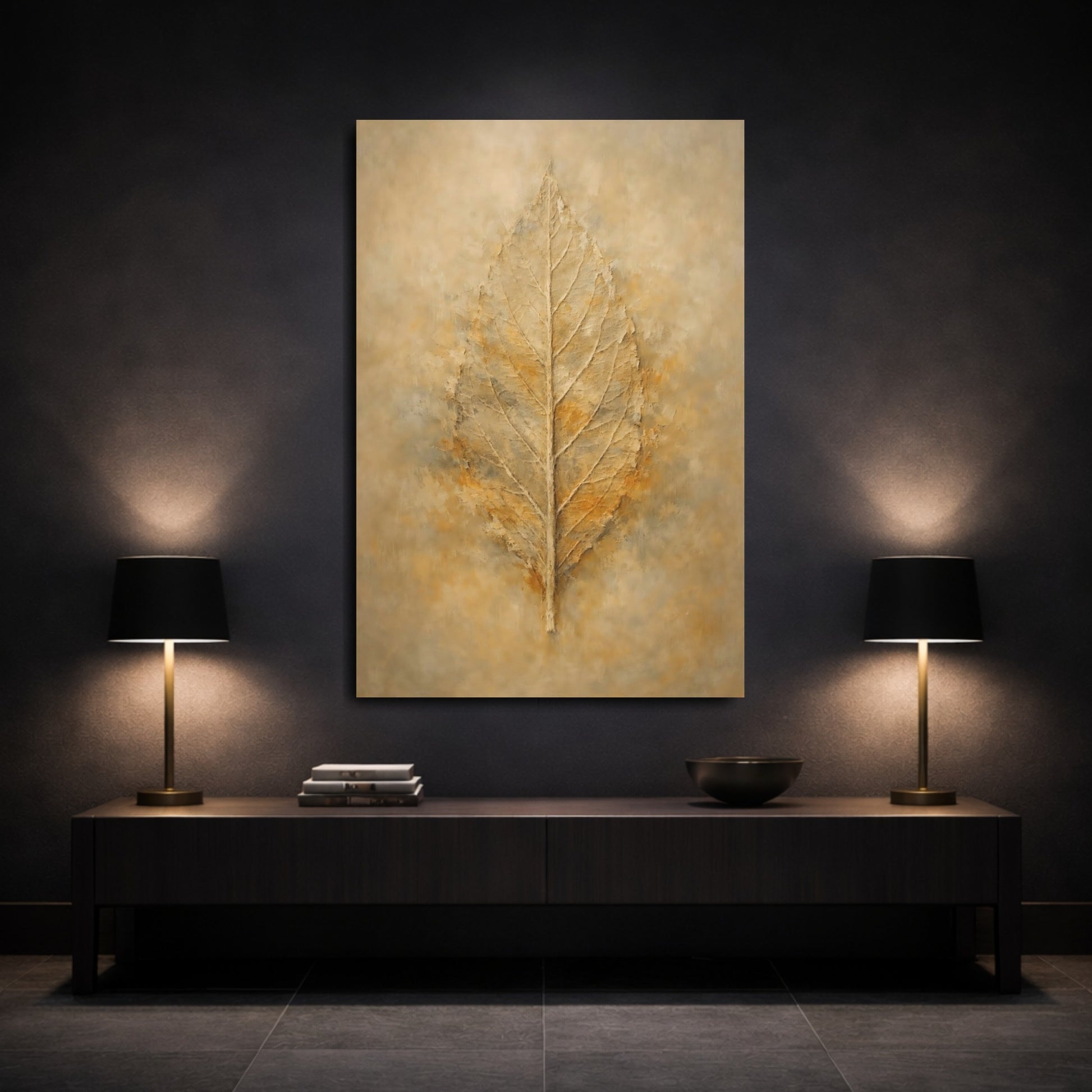 Mockup 2. Nature Leaf Brown Gold Leaf shown as stretched canvas wall art