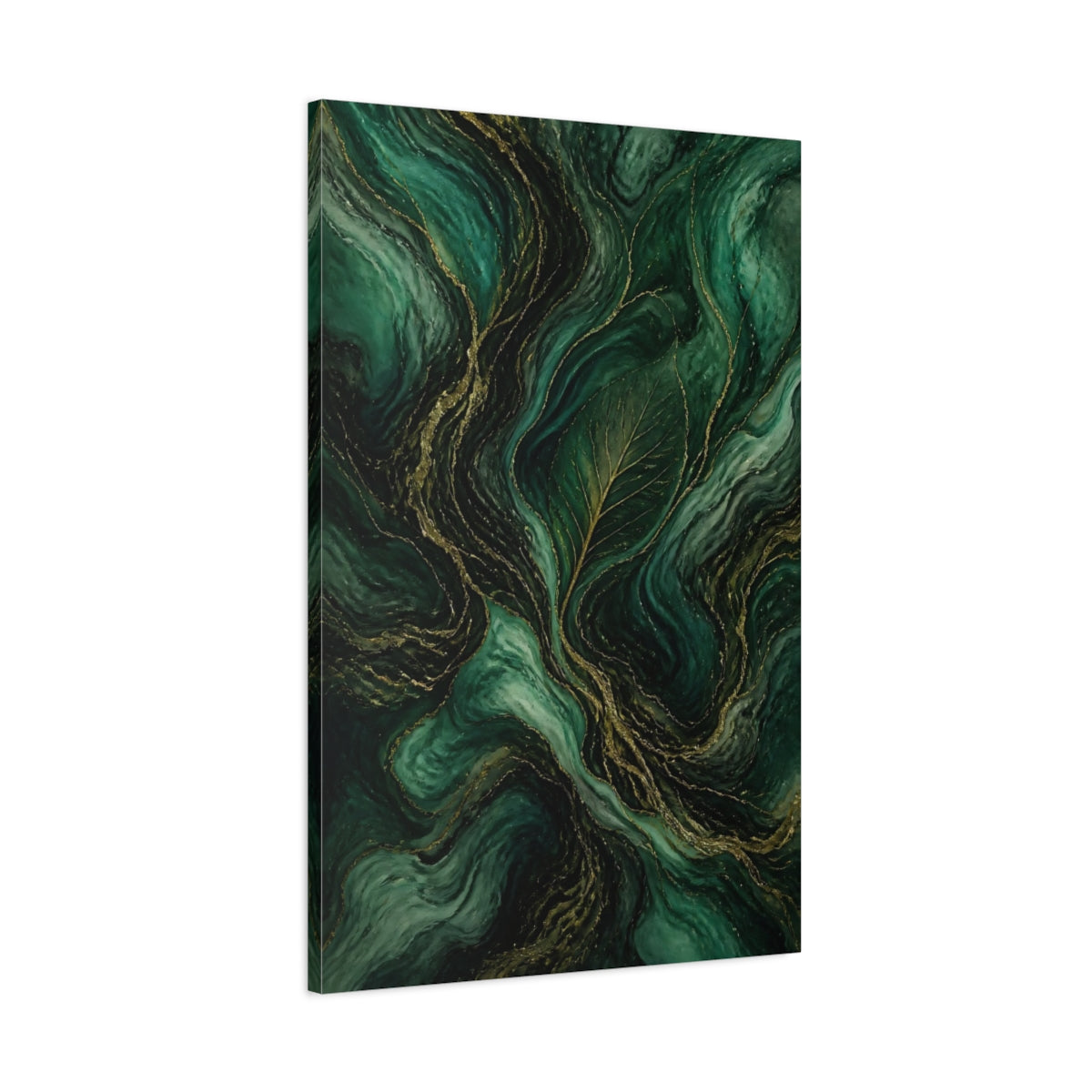 Main Mockup. Nature Leaf Emerald Gold shown as stretched canvas wall art