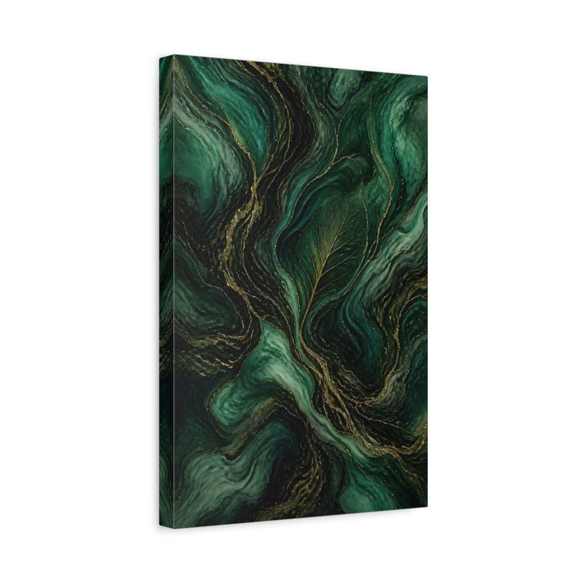 Side Mockup 4. Nature Leaf Emerald Gold shown as stretched canvas wall art