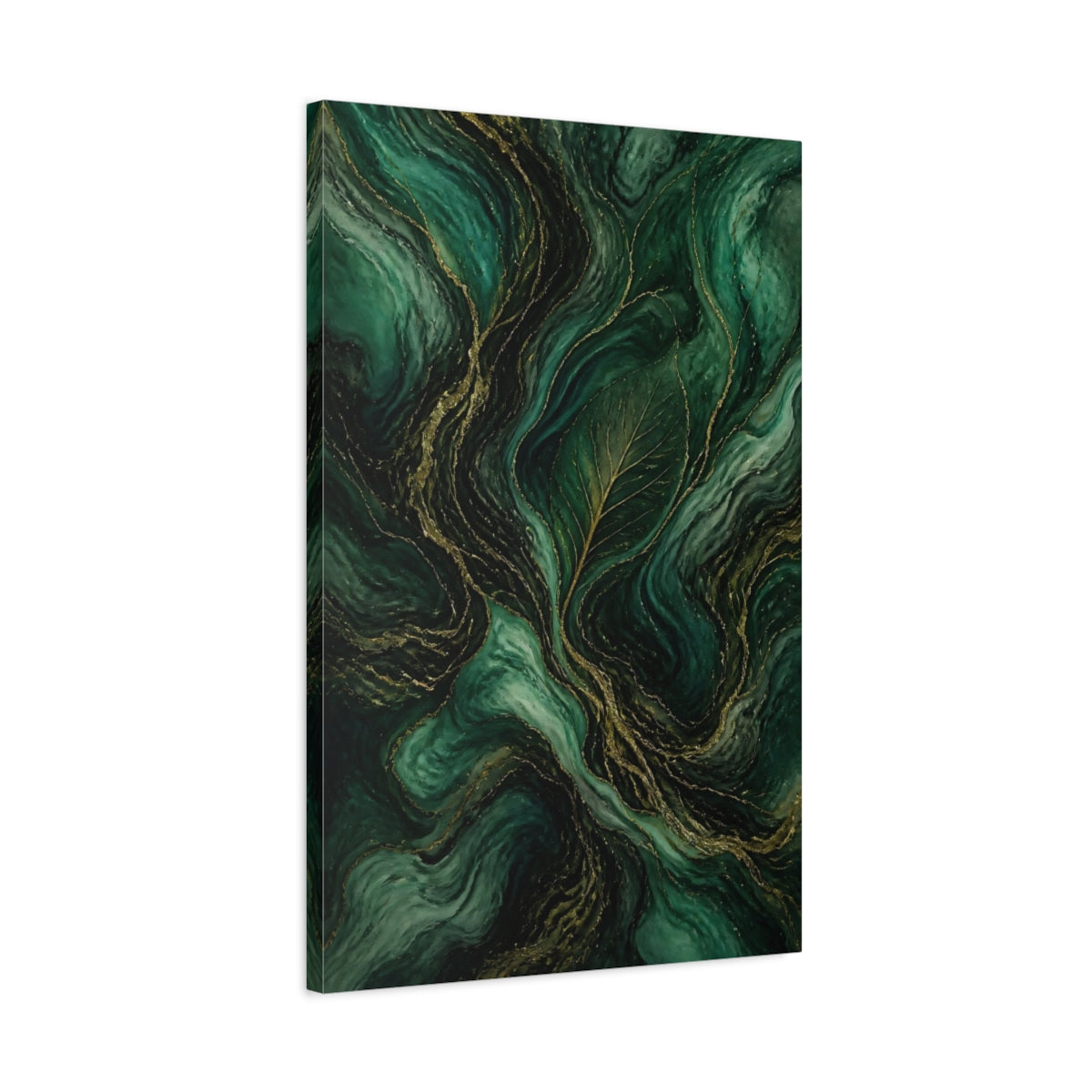Side Mockup 2. Nature Leaf Emerald Gold shown as stretched canvas wall art