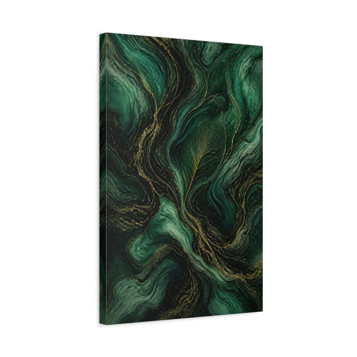 Side Mockup 3. Nature Leaf Emerald Gold shown as stretched canvas wall art