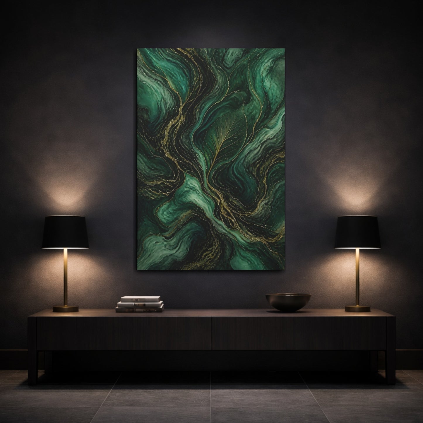 Mockup 3. Nature Leaf Emerald Gold shown as stretched canvas wall art