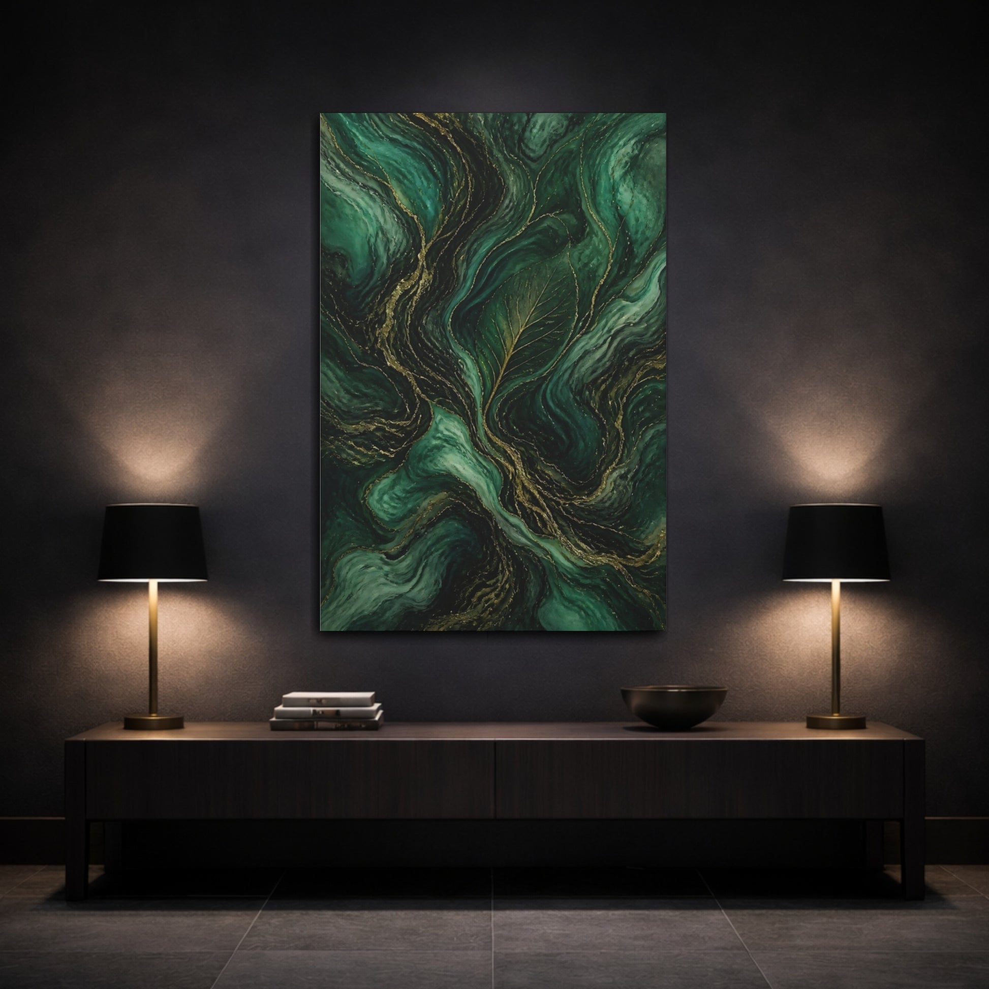 Mockup 3. Nature Leaf Emerald Gold shown as stretched canvas wall art