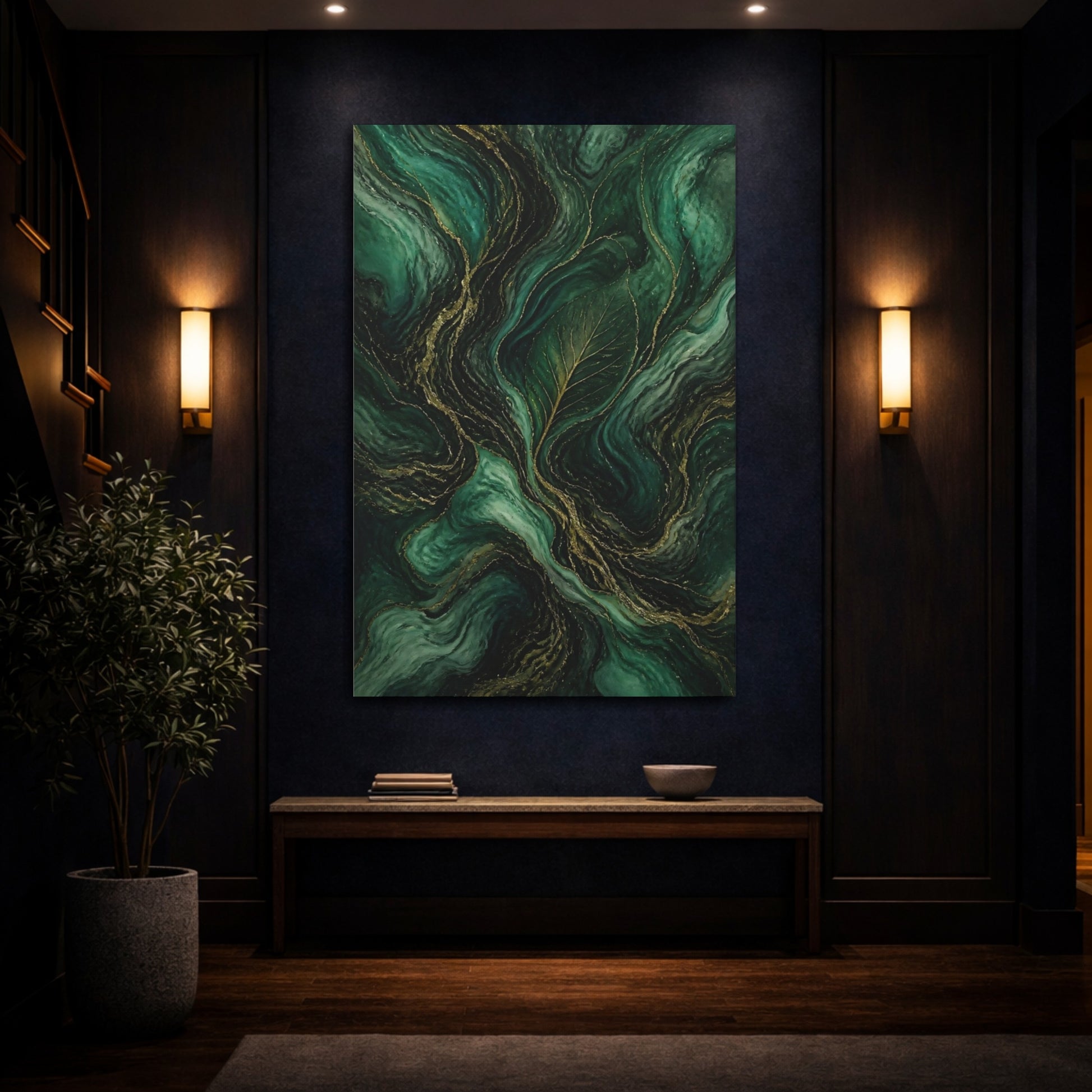 Mockup 4. Nature Leaf Emerald Gold shown as stretched canvas wall art