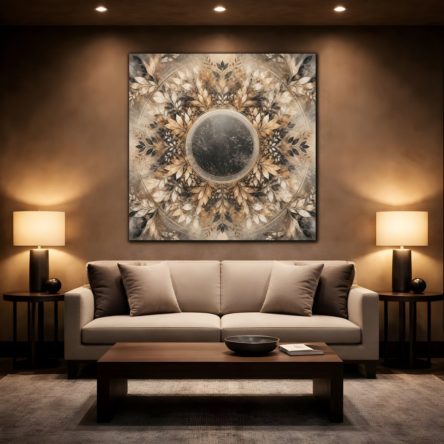 Mockup 2. Nature Leaf Mandala Brown And Gold Botanical shown as canvas print