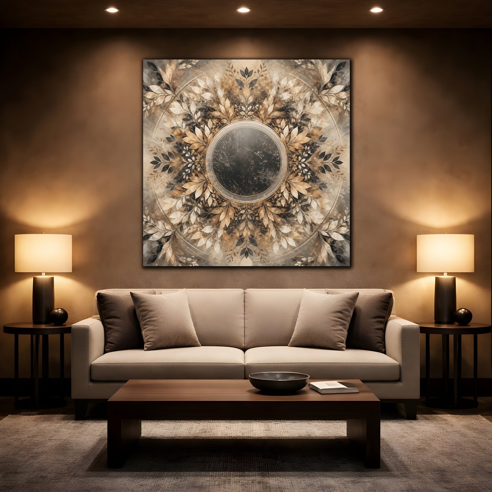 Mockup 2. Nature Leaf Mandala Brown And Gold Botanical shown as canvas print