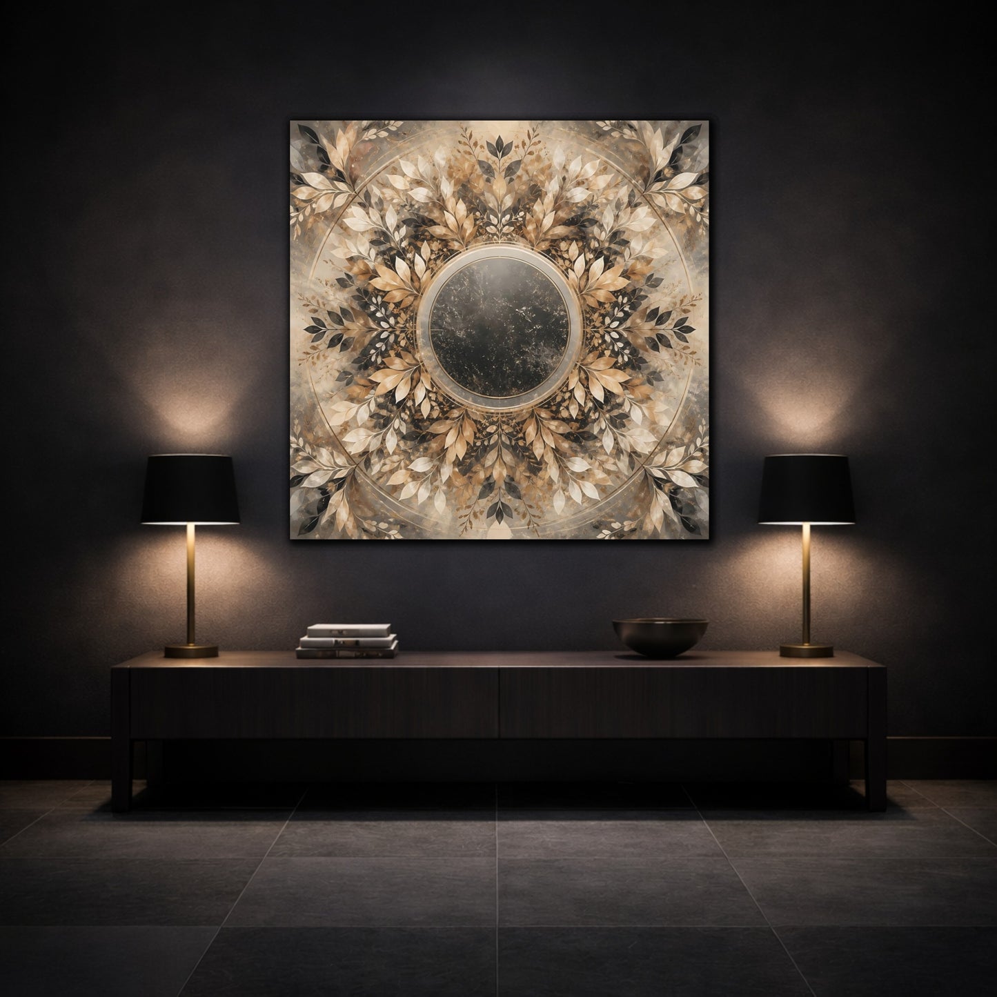 Mockup 3. Nature Leaf Mandala Brown And Gold Botanical shown as canvas print