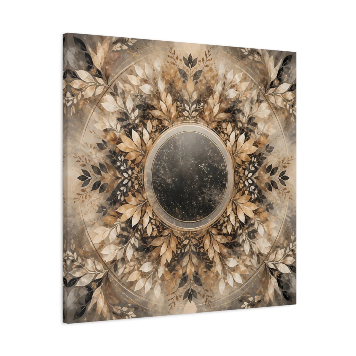 Nature Leaf Mandala Brown And Gold Canvas Print Wall Art – Vintage Living Room, Above Console Table - YesArtYes