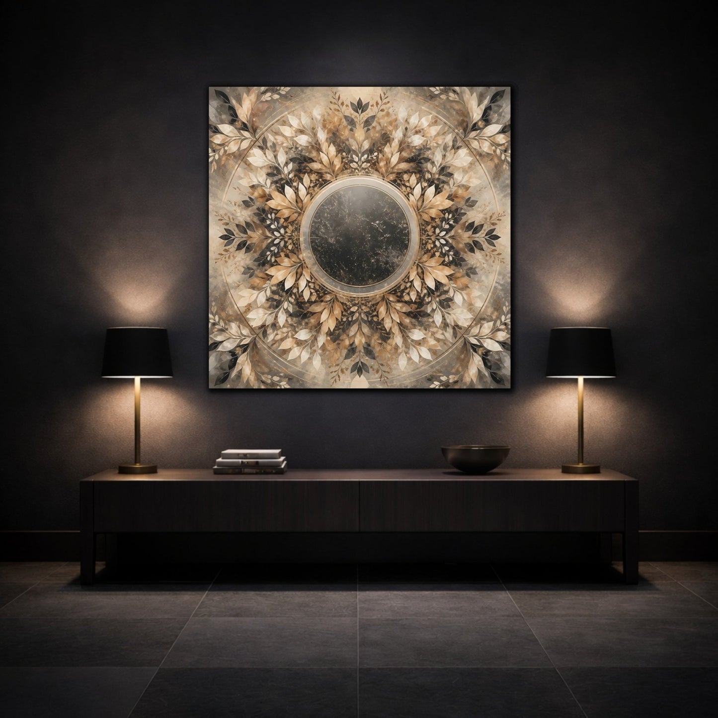 Nature Leaf Mandala Brown And Gold Canvas Print Wall Art – Vintage Living Room, Above Console Table - YesArtYes