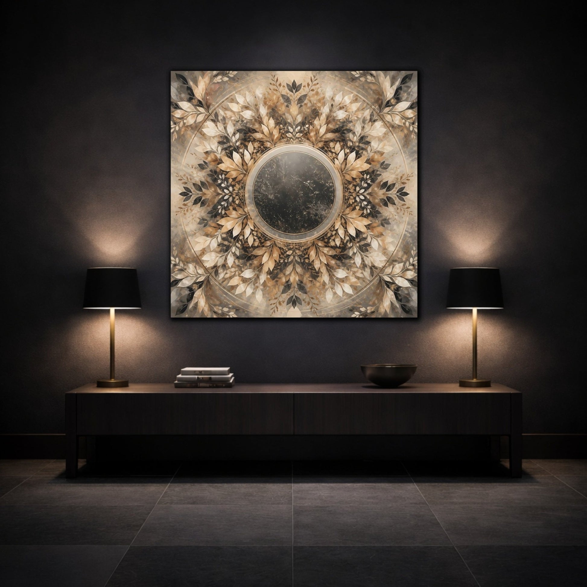 Nature Leaf Mandala Brown And Gold Canvas Print Wall Art – Vintage Living Room, Above Console Table - YesArtYes