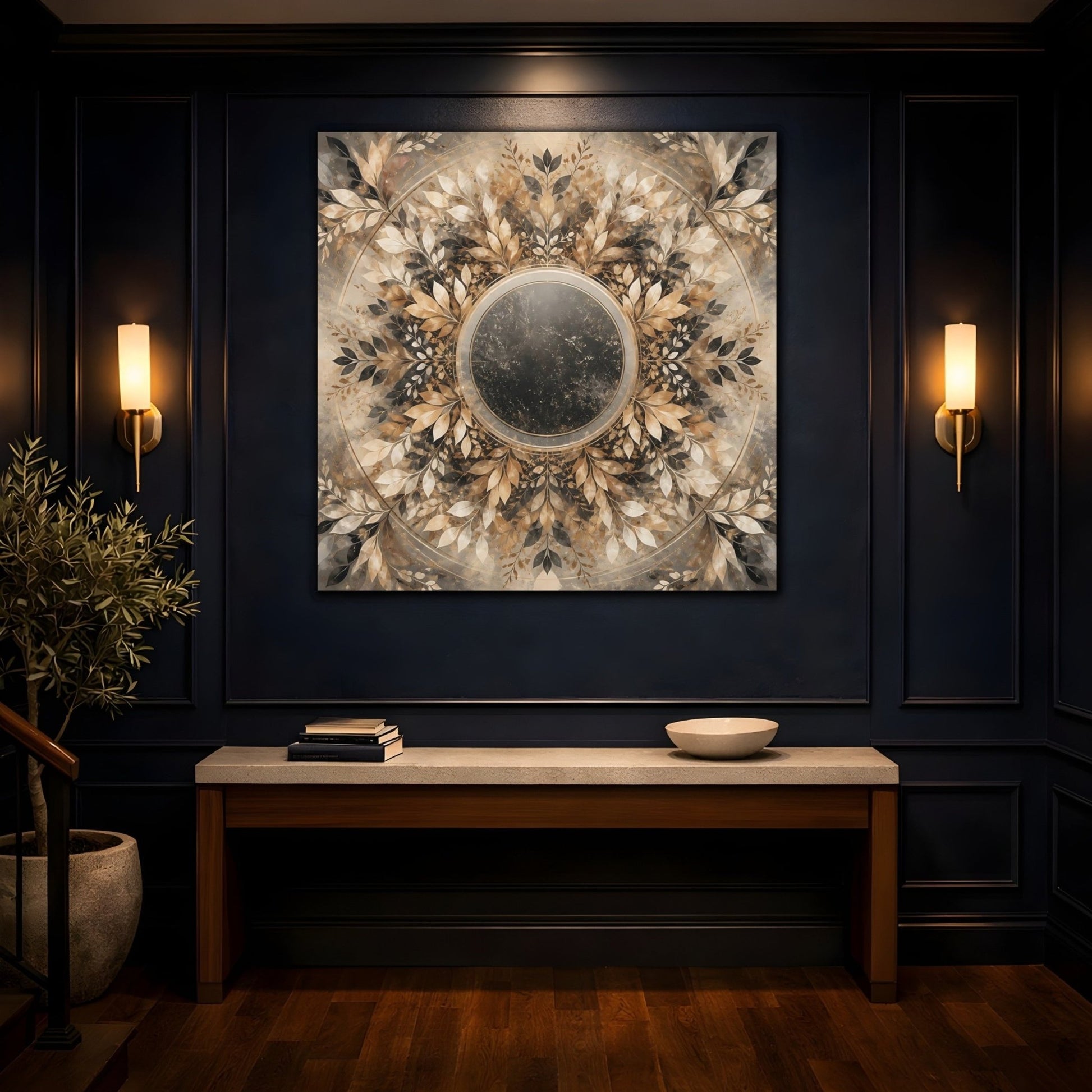 Nature Leaf Mandala Brown And Gold Canvas Print Wall Art – Vintage Living Room, Above Console Table - YesArtYes