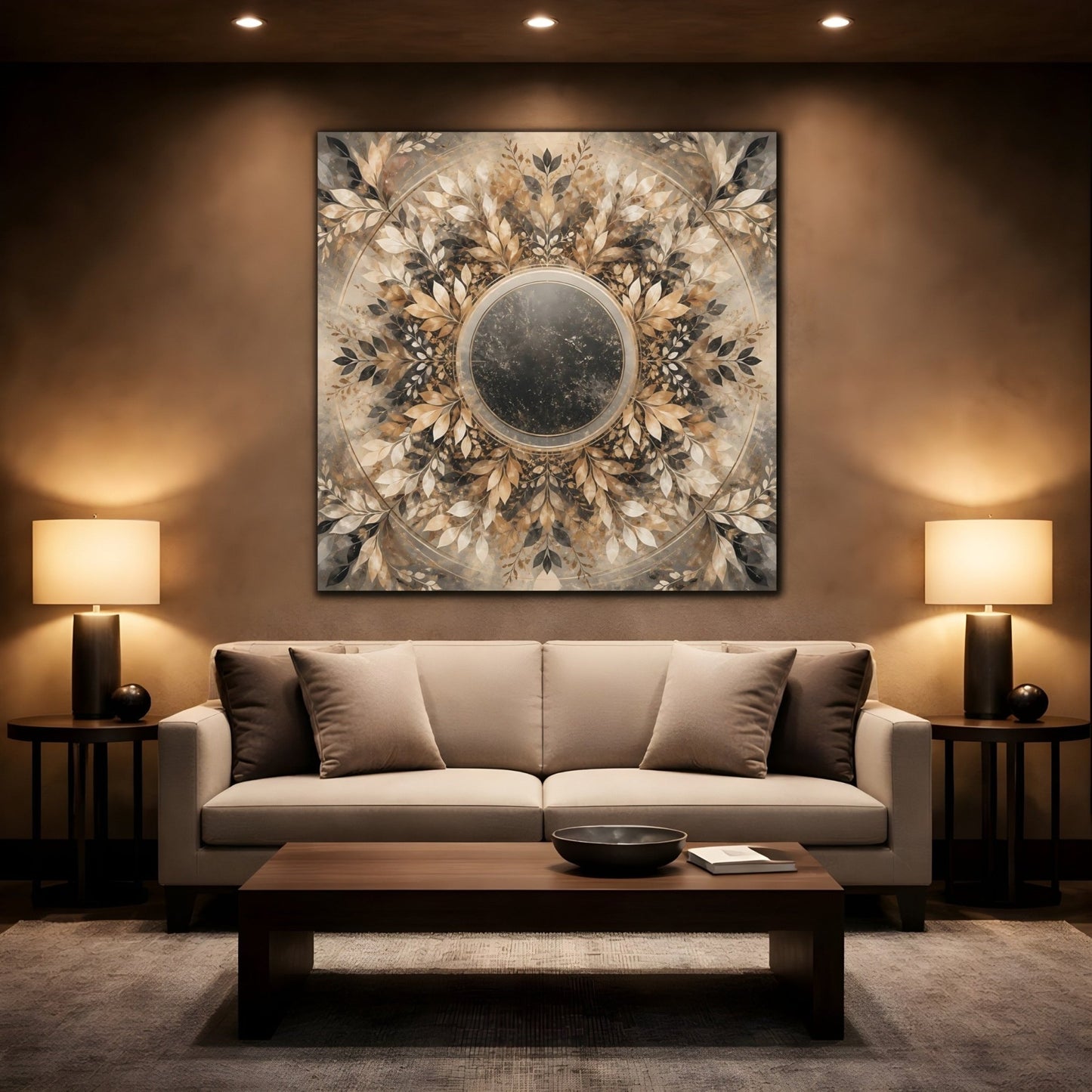 Nature Leaf Mandala Brown And Gold Canvas Print Wall Art – Vintage Living Room, Above Console Table - YesArtYes