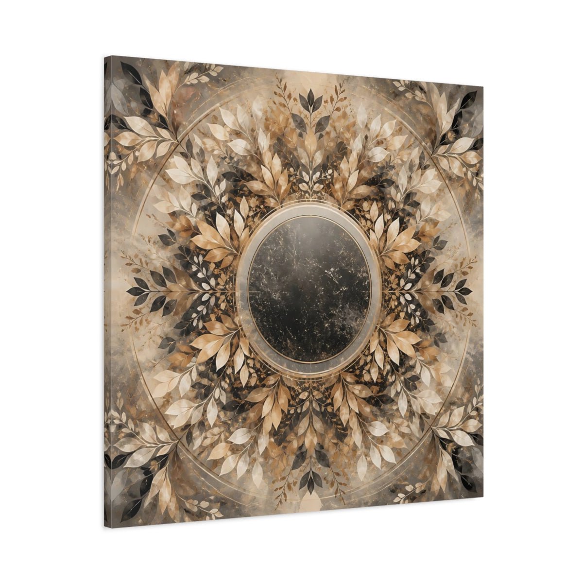Nature Leaf Mandala Brown And Gold Canvas Print Wall Art – Vintage Living Room, Above Console Table - YesArtYes