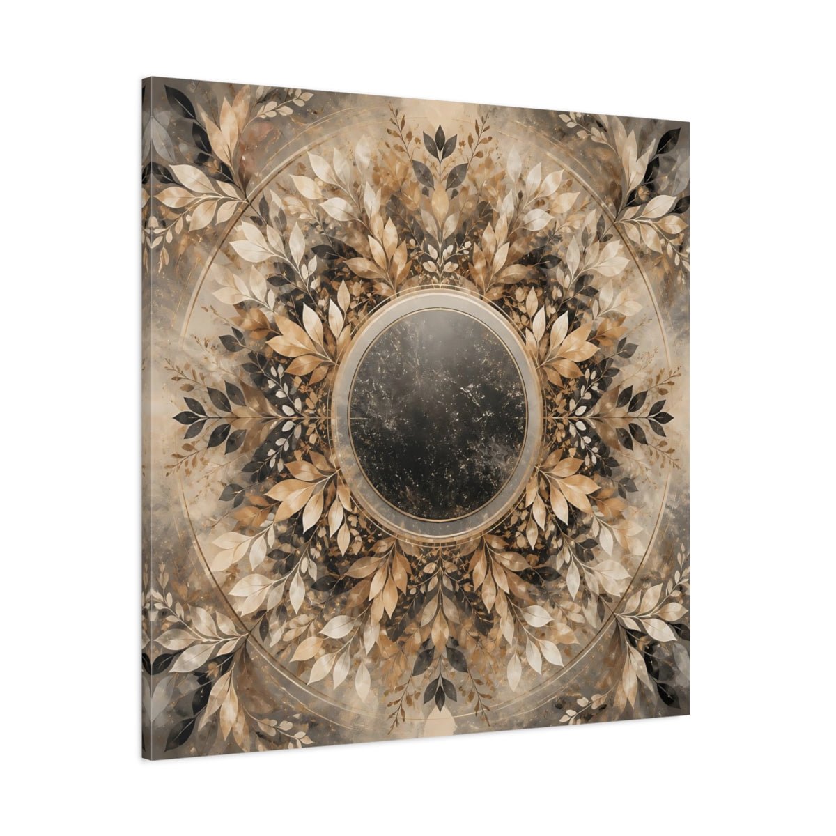 Nature Leaf Mandala Brown And Gold Canvas Print Wall Art – Vintage Living Room, Above Console Table - YesArtYes
