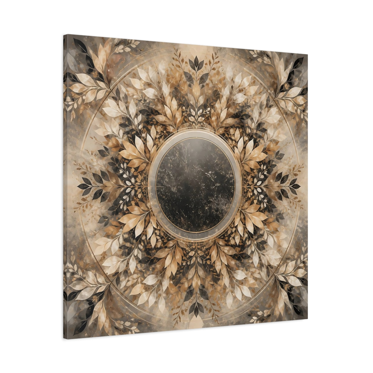 Side Mockup 1. Nature Leaf Mandala Brown And Gold Botanical shown as canvas print