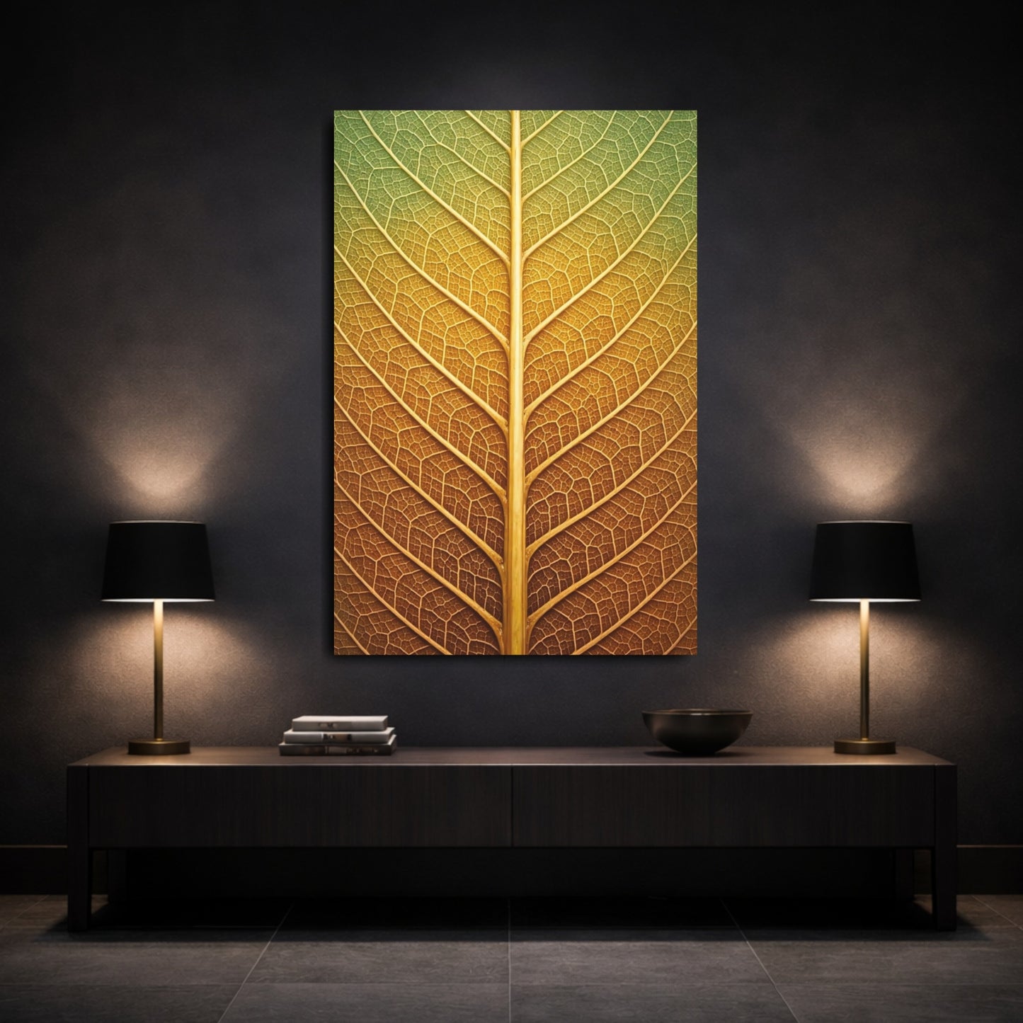 Nature Leaf Veins Green Gold Leaf shown as front canvas room wall art