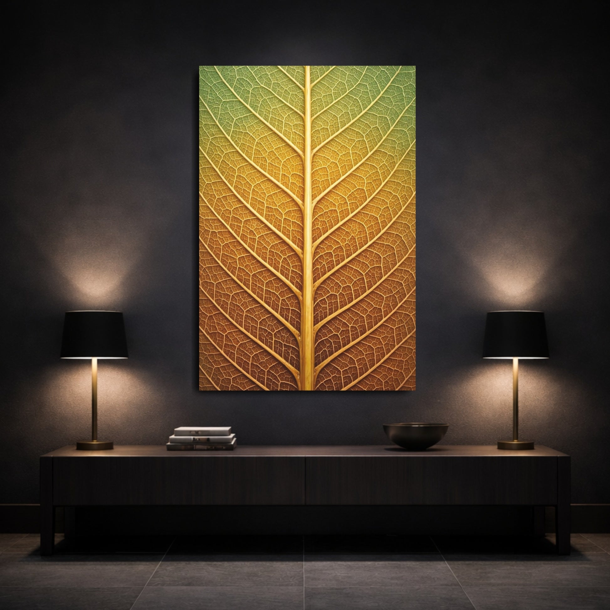 Nature Leaf Veins Green Gold Leaf shown as front canvas room wall art