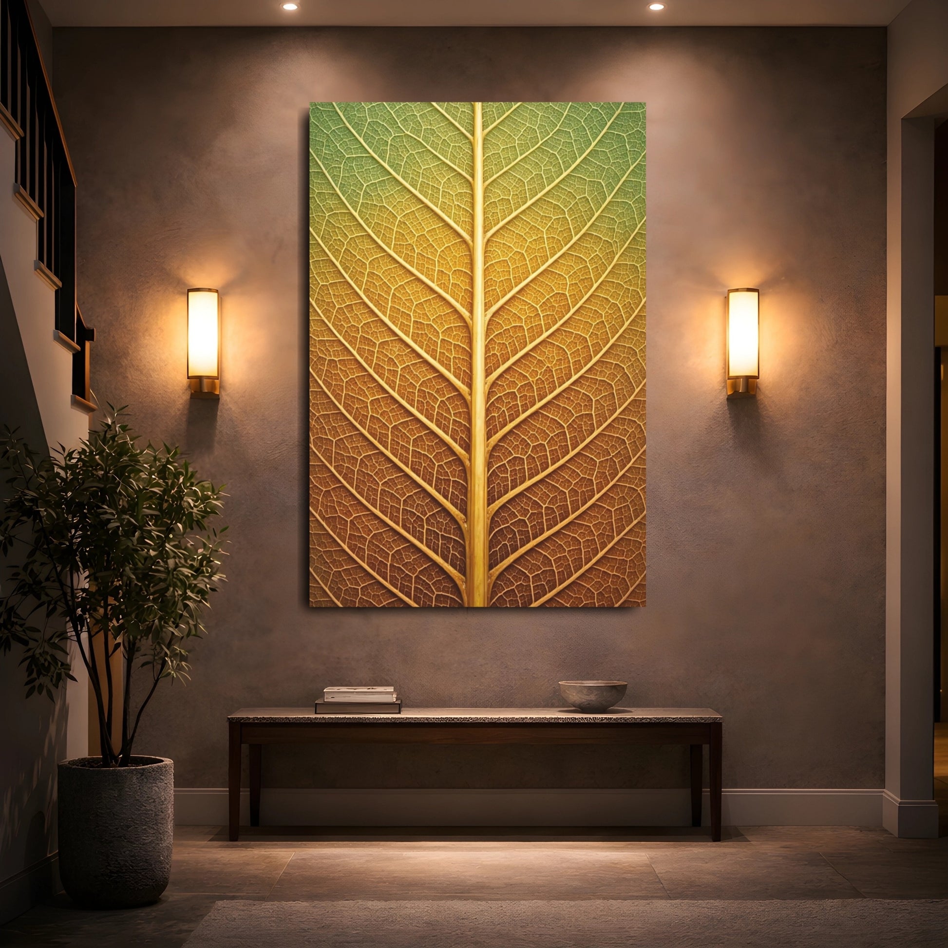 Nature Leaf Veins Green Gold Leaf shown as front canvas room wall art