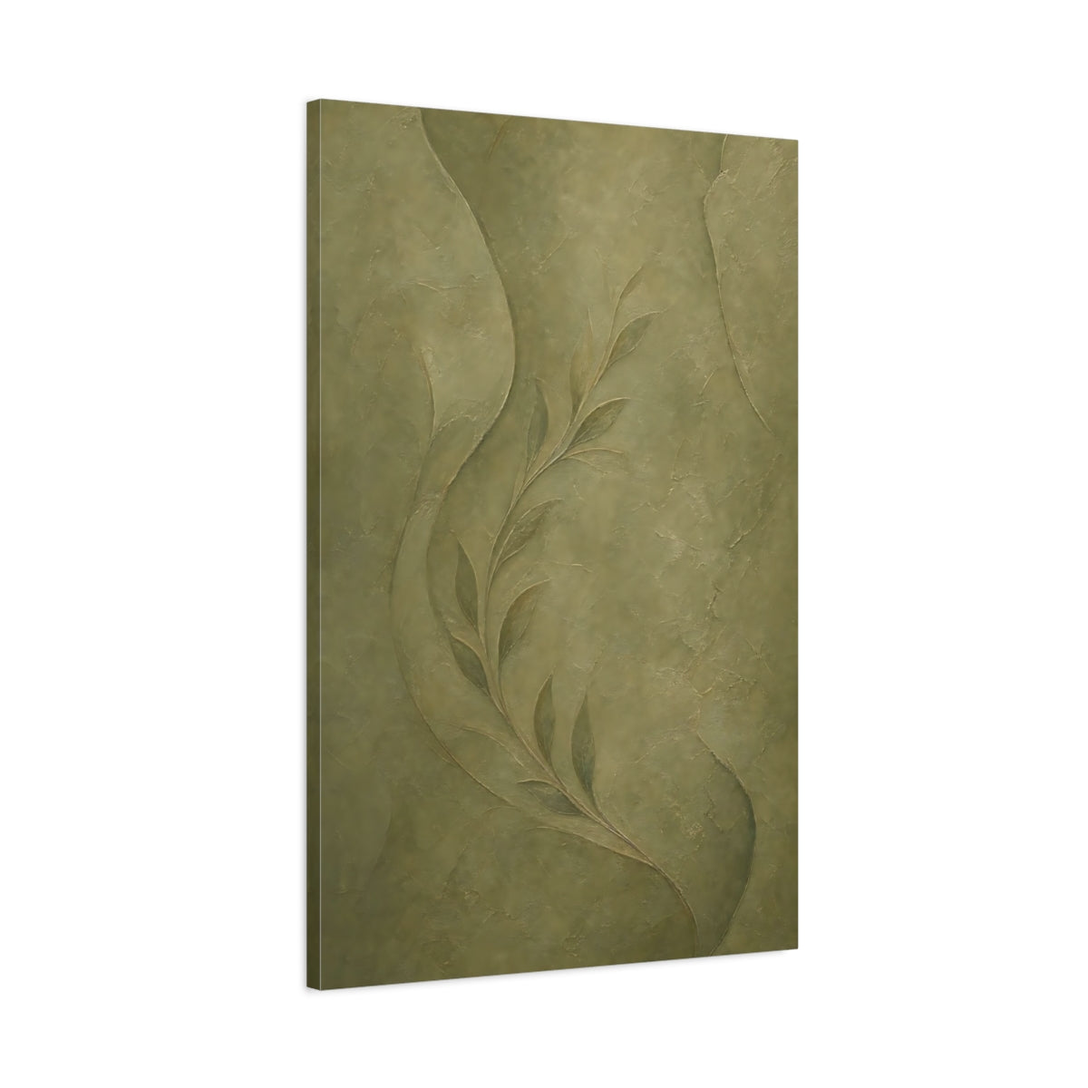 Main Mockup. Nature Leafy Branch Olive Green shown as stretched canvas wall art