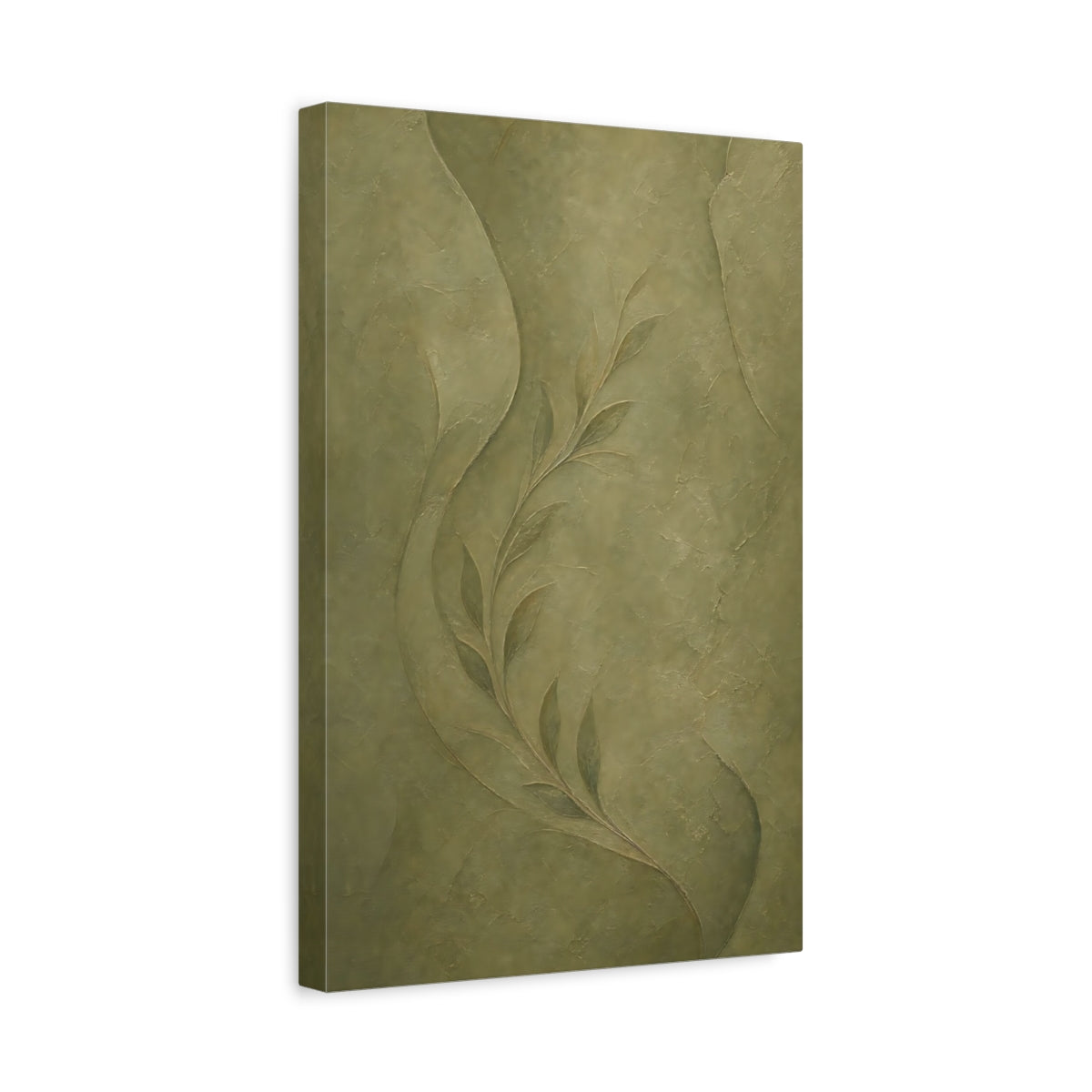 Side Mockup 4. Nature Leafy Branch Olive Green shown as stretched canvas wall art