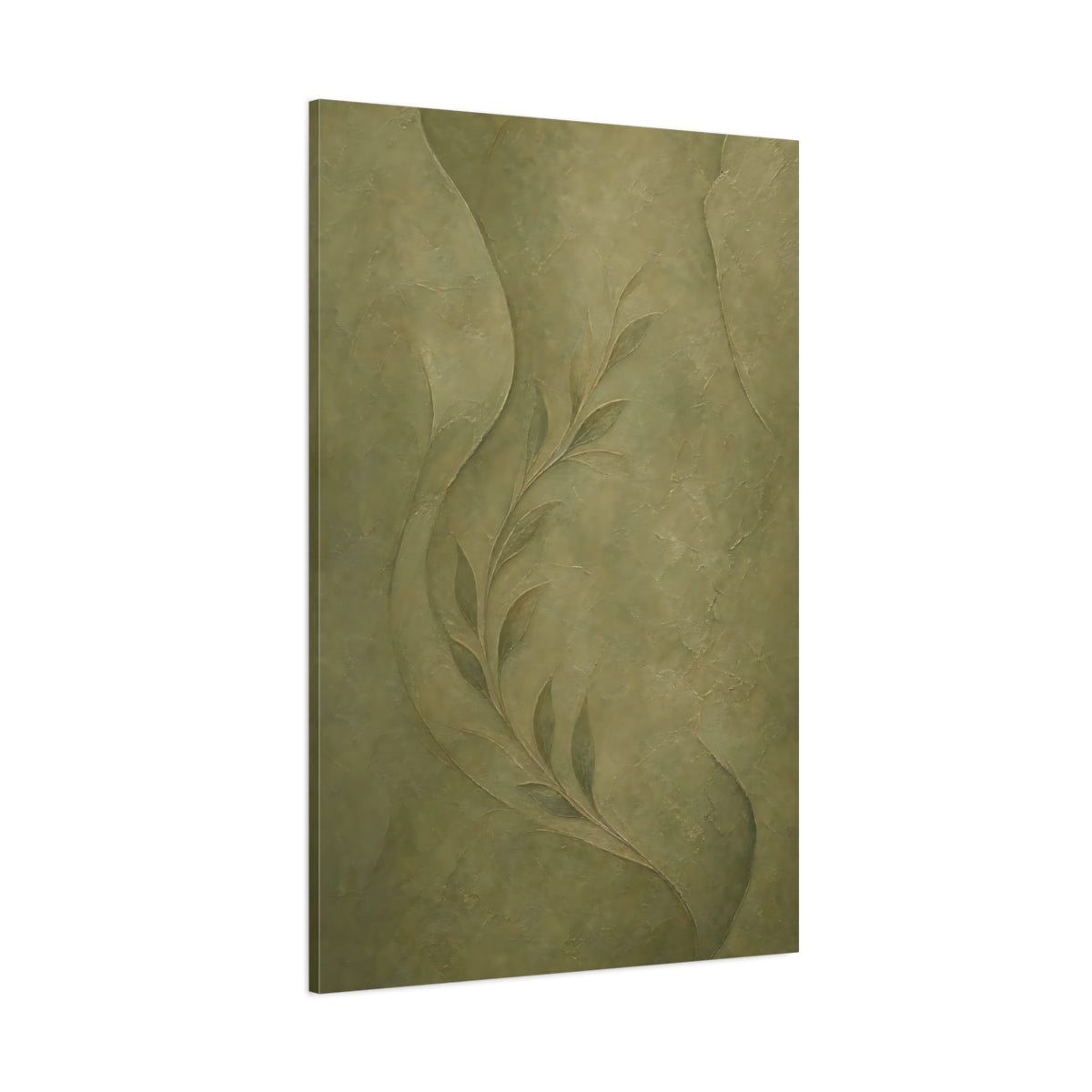 Side Mockup 1. Nature Leafy Branch Olive Green shown as stretched canvas wall art