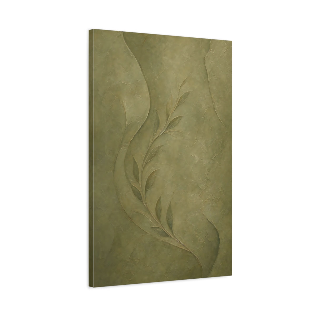 Side Mockup 2. Nature Leafy Branch Olive Green shown as stretched canvas wall art